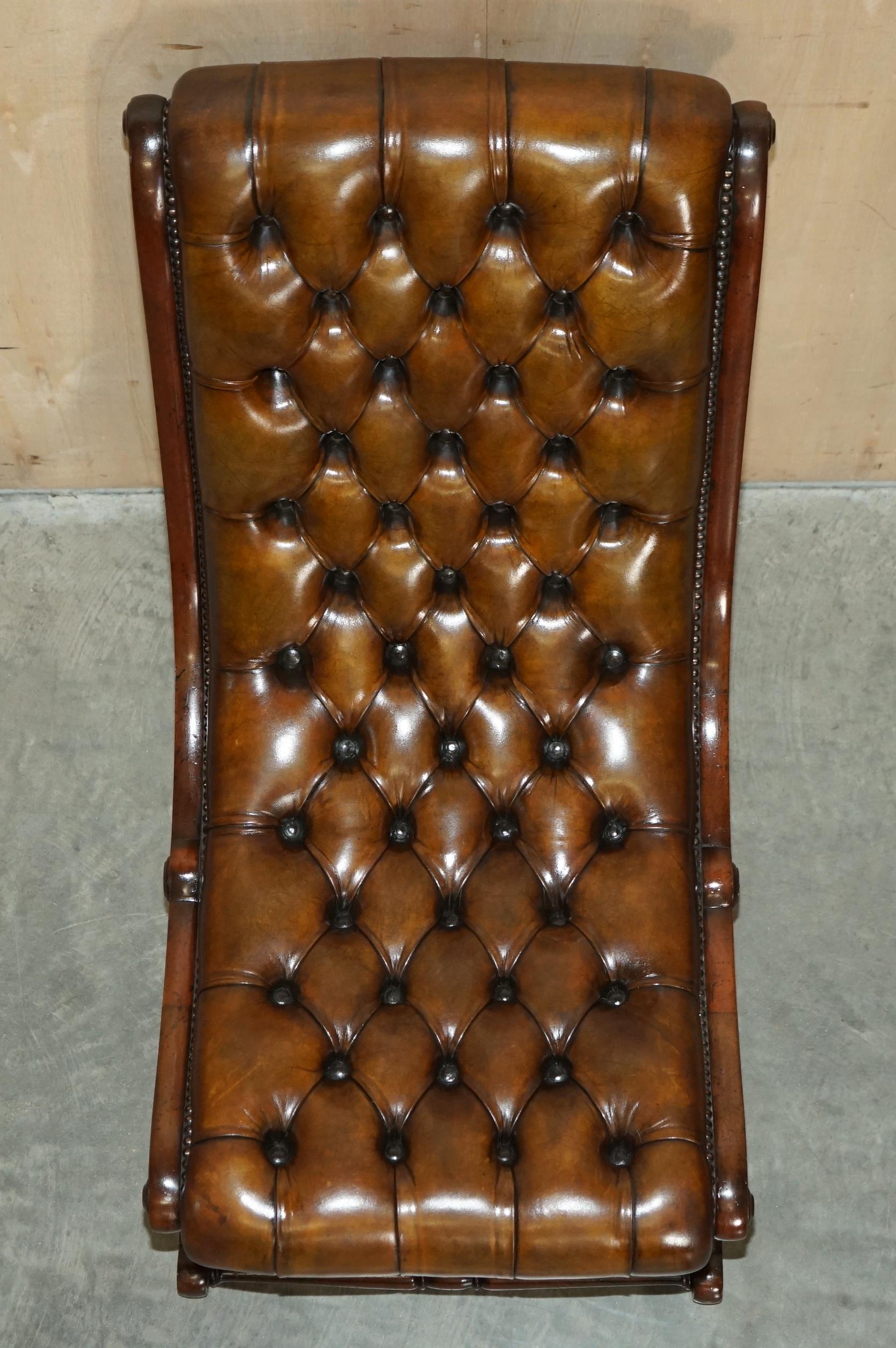 Antique Restored Cigar Brown Leather Chesterfield Tufted Slipper Library Chair 1