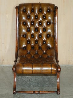 Antique Restored Cigar Brown Leather Chesterfield Tufted Slipper Library Chair