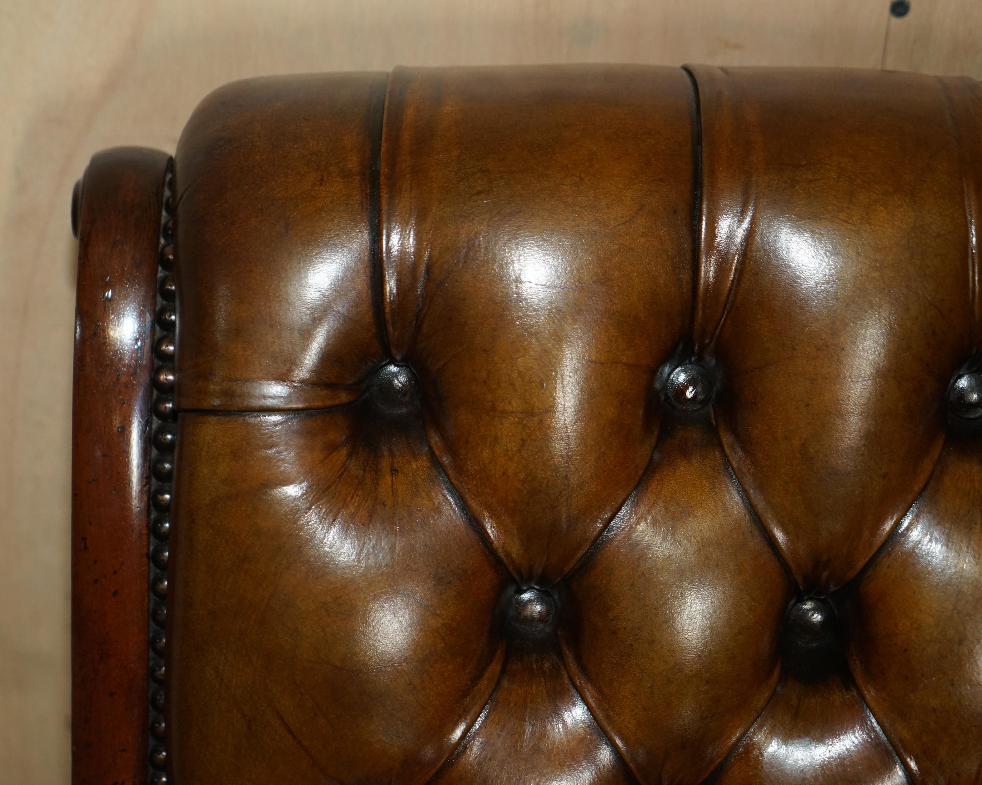 Late Victorian Antique Restored Cigar Brown Leather Chesterfield Tufted Slipper Library Chair