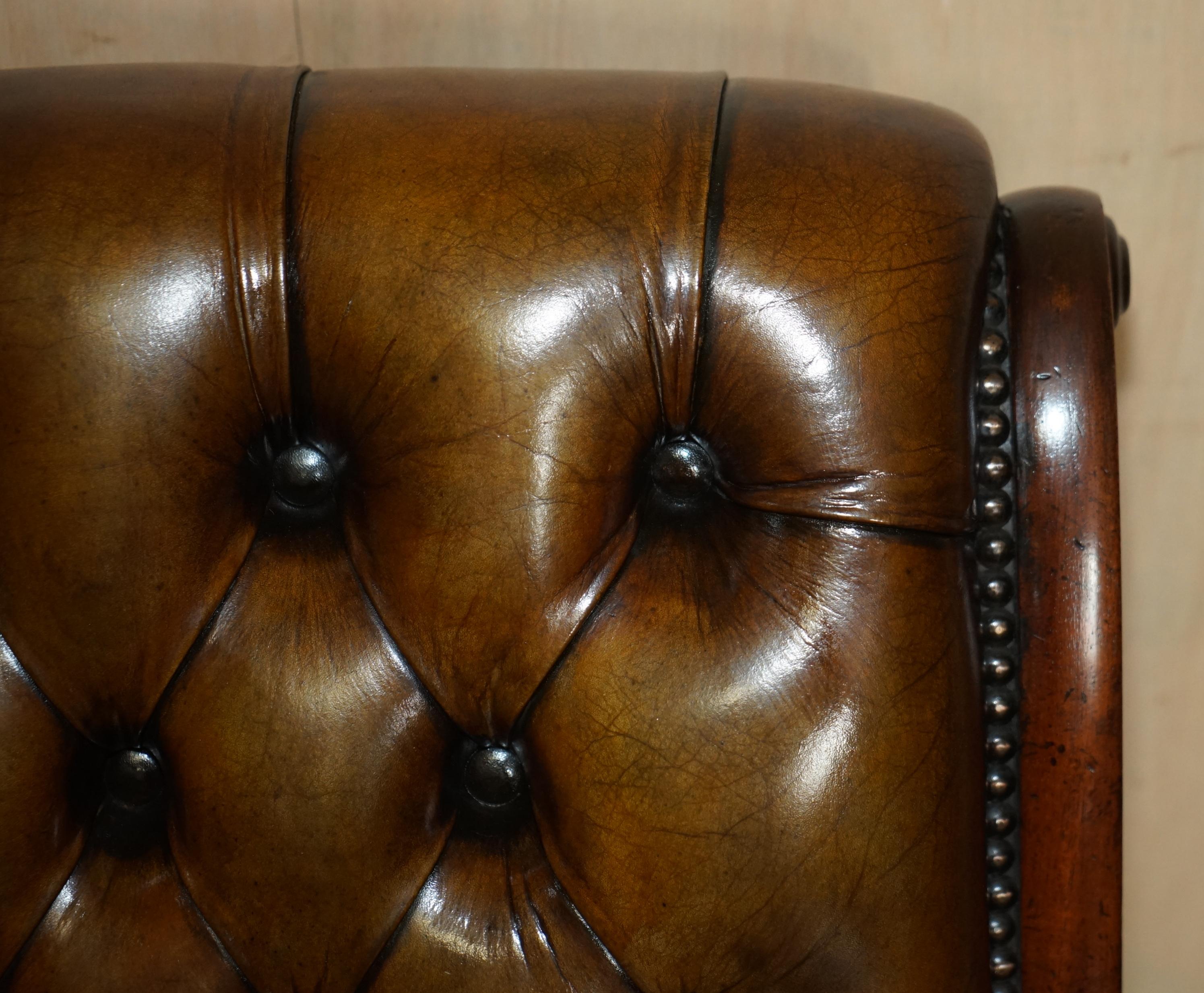 English Antique Restored Cigar Brown Leather Chesterfield Tufted Slipper Library Chair