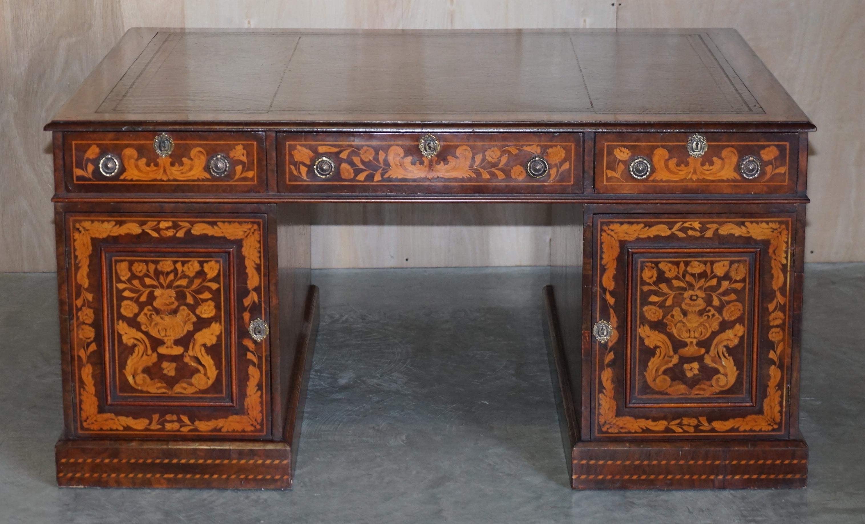 Antique Restored Dutch Marquetry Inlaid Double Sided Twin Pedestal Partners Desk For Sale 1