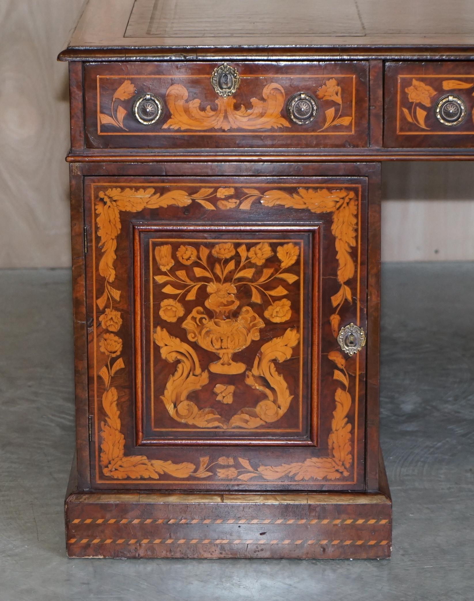 Antique Restored Dutch Marquetry Inlaid Double Sided Twin Pedestal Partners Desk For Sale 2
