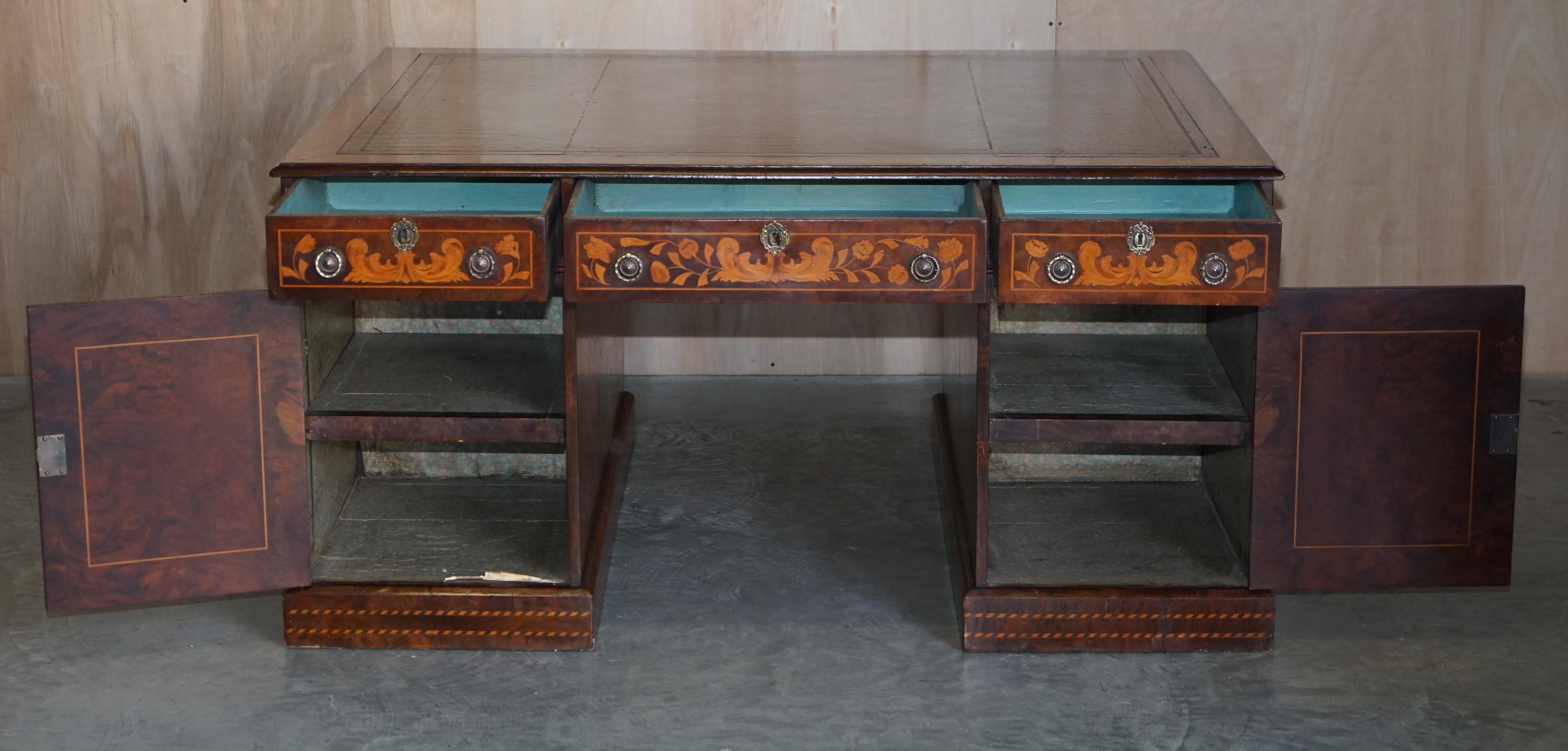 Antique Restored Dutch Marquetry Inlaid Double Sided Twin Pedestal Partners Desk For Sale 8