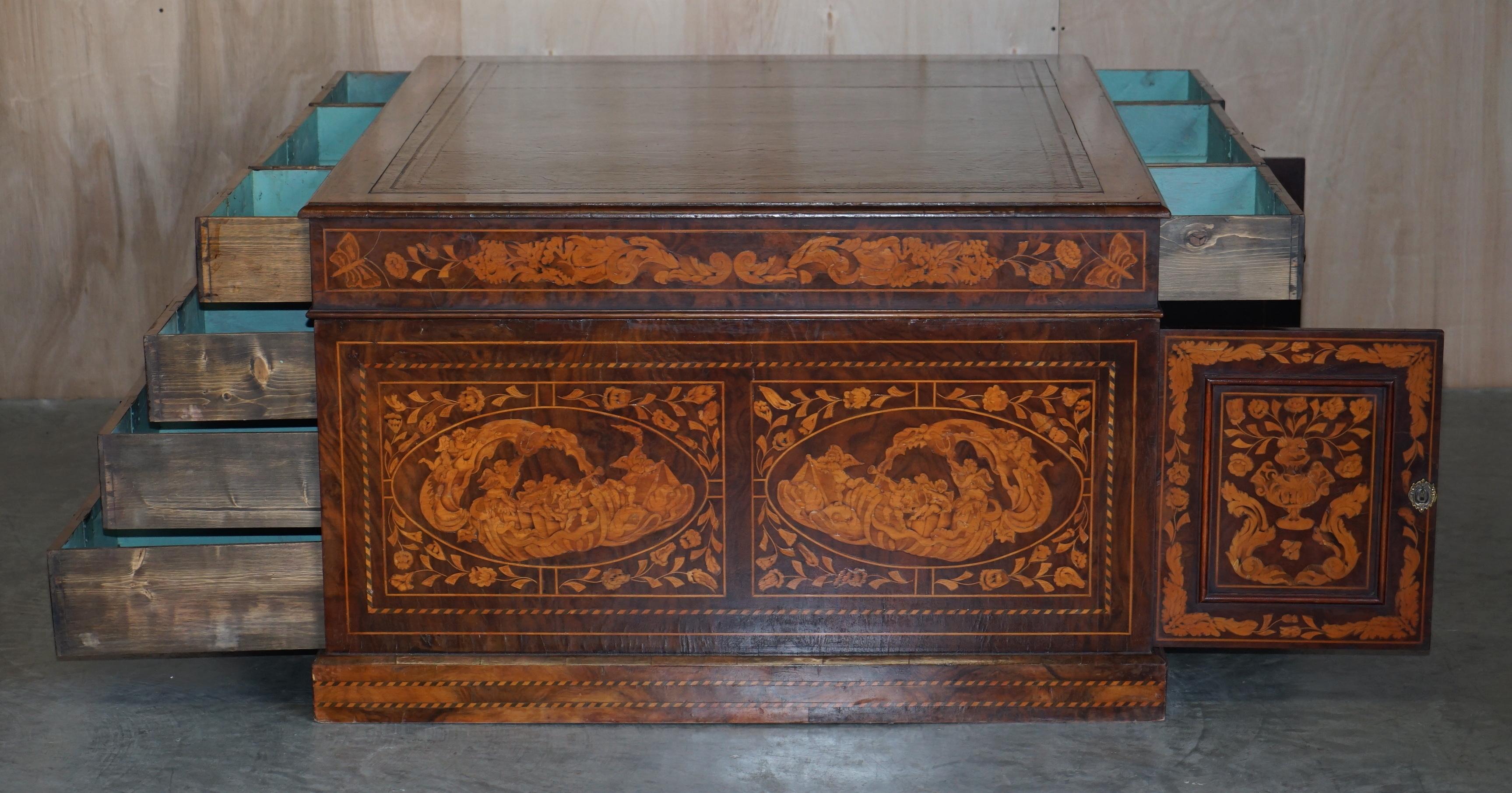 Antique Restored Dutch Marquetry Inlaid Double Sided Twin Pedestal Partners Desk For Sale 11