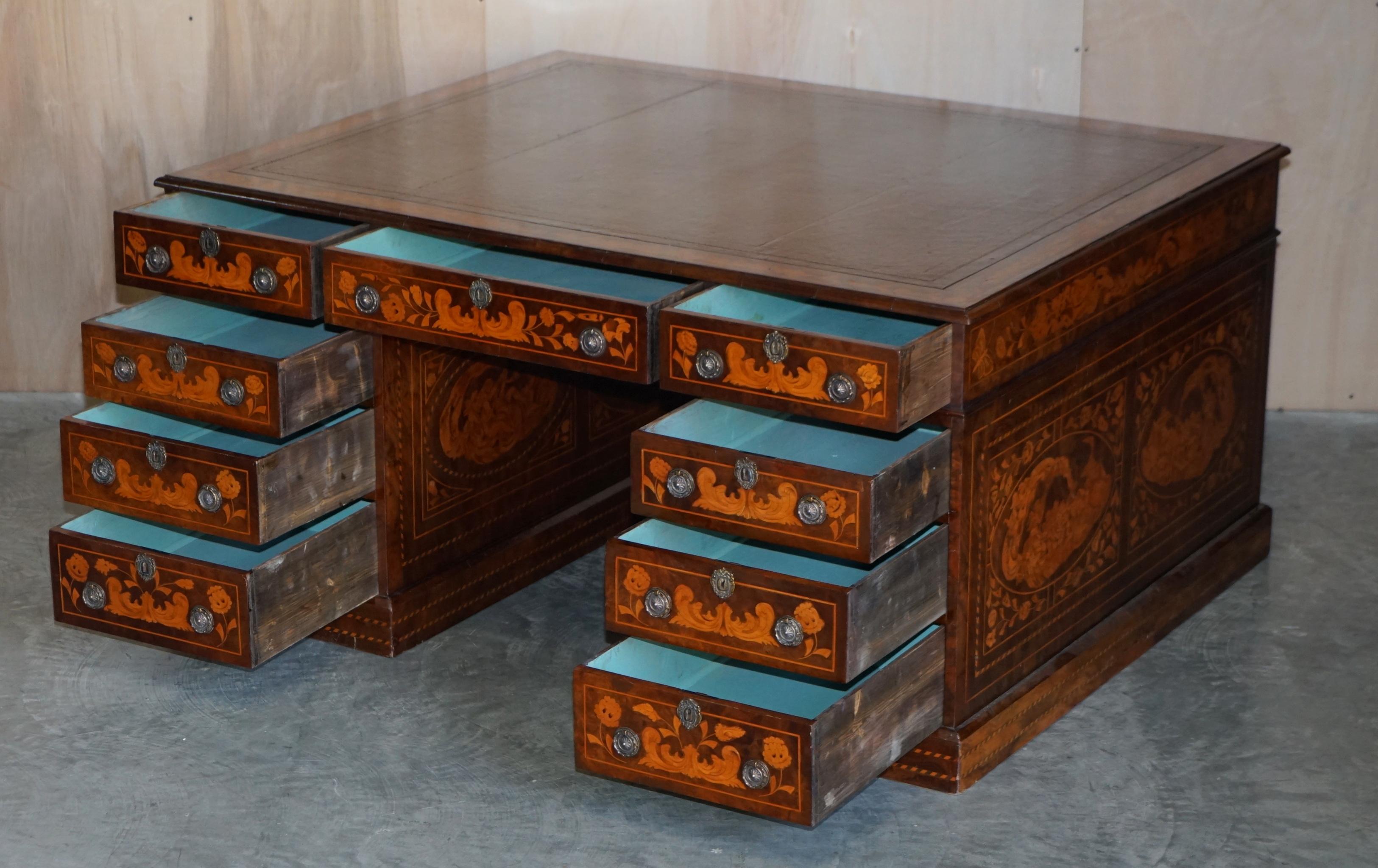 Antique Restored Dutch Marquetry Inlaid Double Sided Twin Pedestal Partners Desk For Sale 12