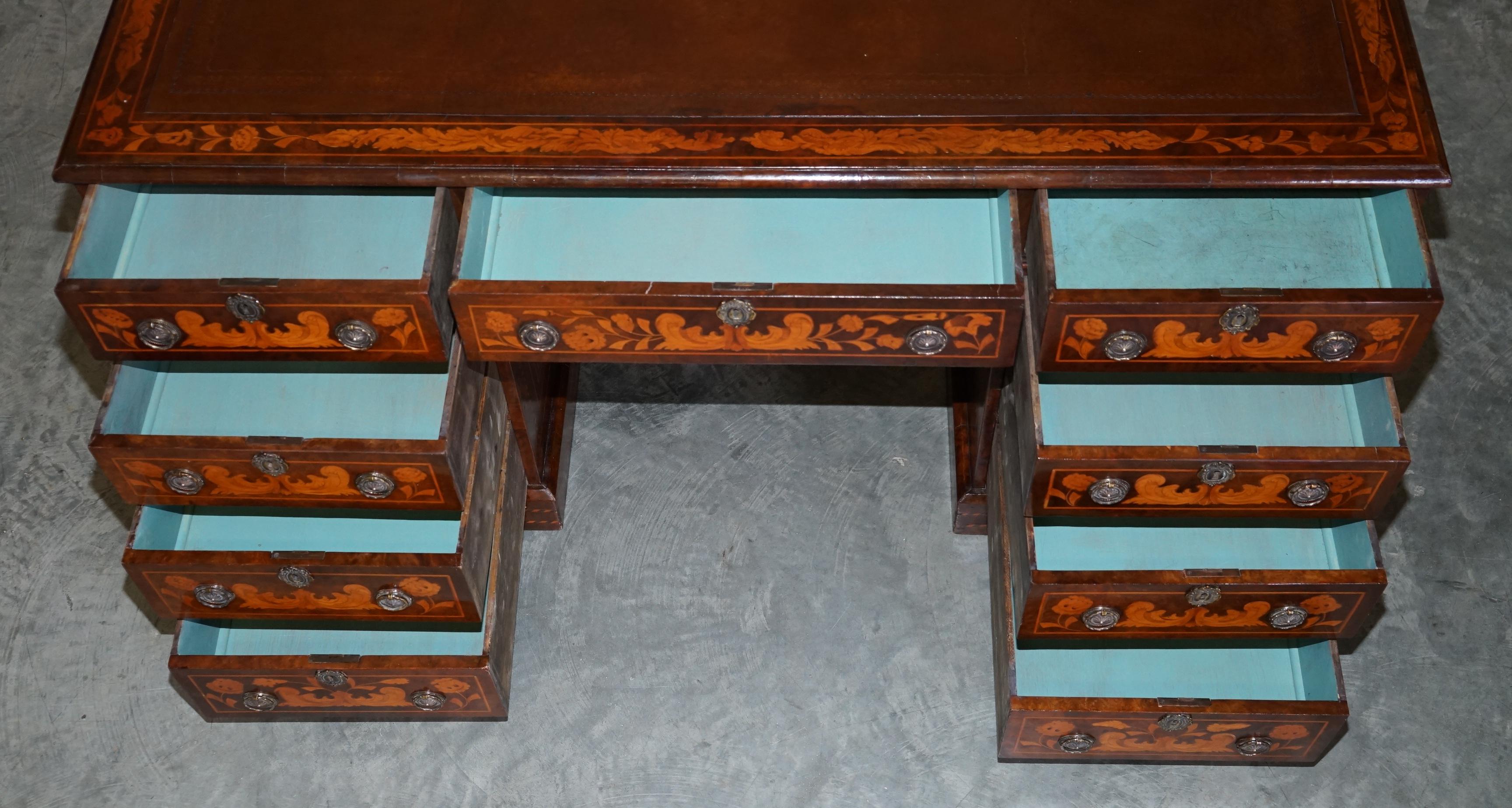 Antique Restored Dutch Marquetry Inlaid Double Sided Twin Pedestal Partners Desk For Sale 13