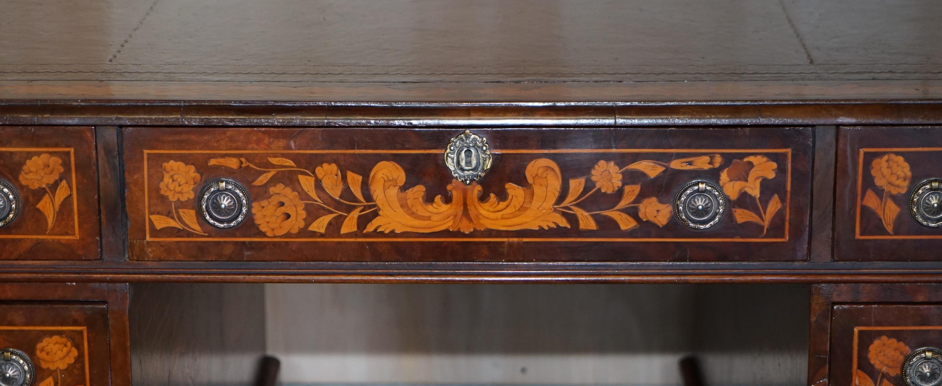 Late 19th Century Antique Restored Dutch Marquetry Inlaid Double Sided Twin Pedestal Partners Desk For Sale