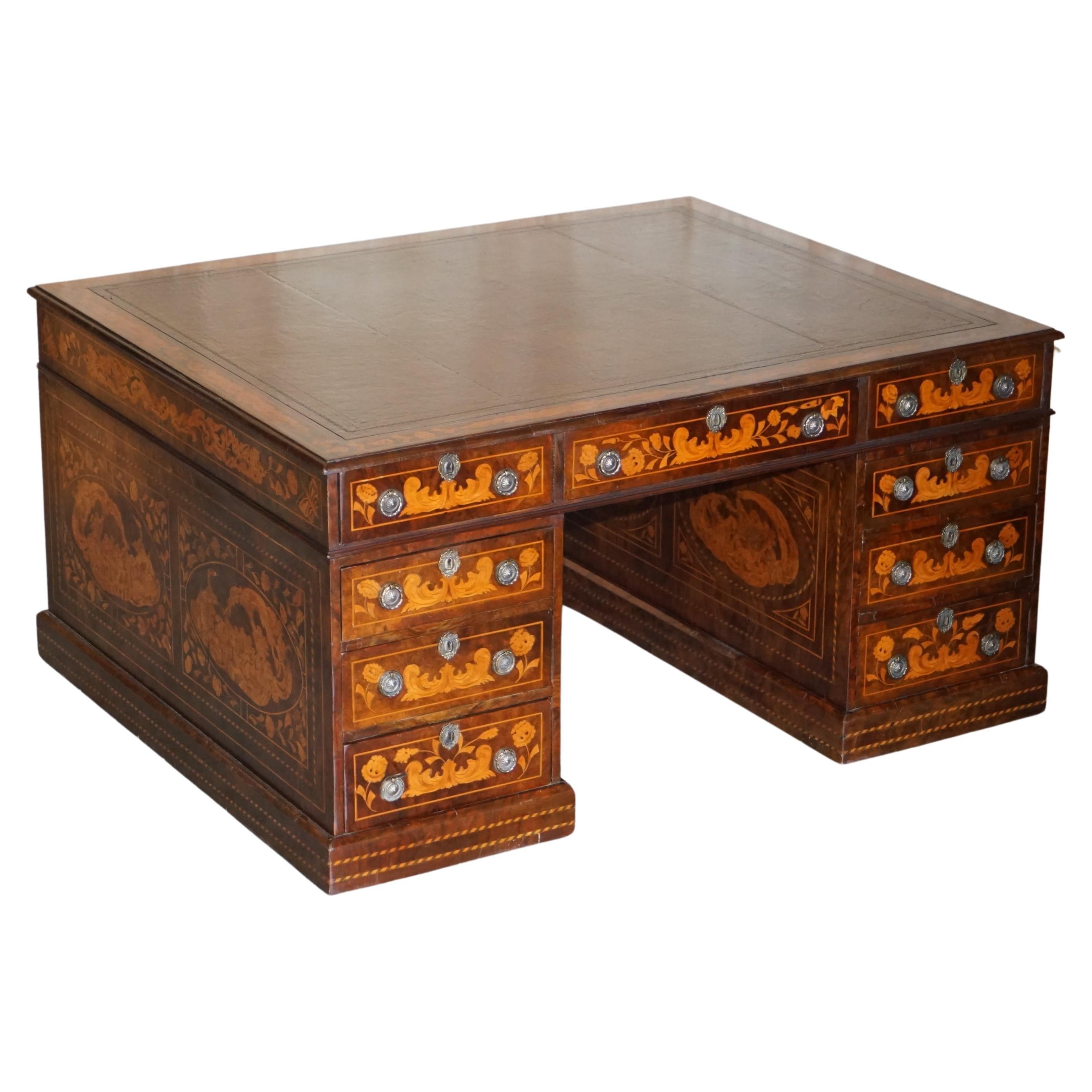 Antique Restored Dutch Marquetry Inlaid Double Sided Twin Pedestal Partners Desk For Sale