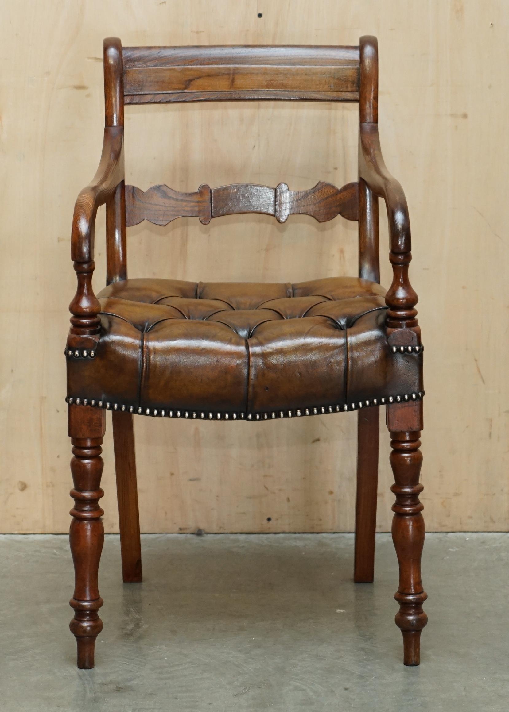 Royal House Antiques

Royal House Antiques is delighted to offer for sale this lovely, antique, fully restored original Elm framed Regency circa 1810-1820 hand dyed Chesterfield brown leather chair.

Please note the delivery fee listed is just a