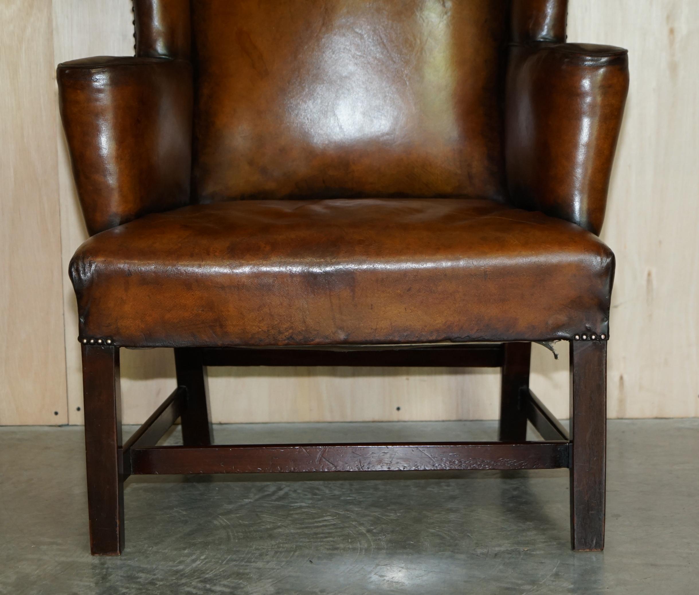 Antique Restored George II Period circa 1760 Wingback Brown Leather Armchair For Sale 5