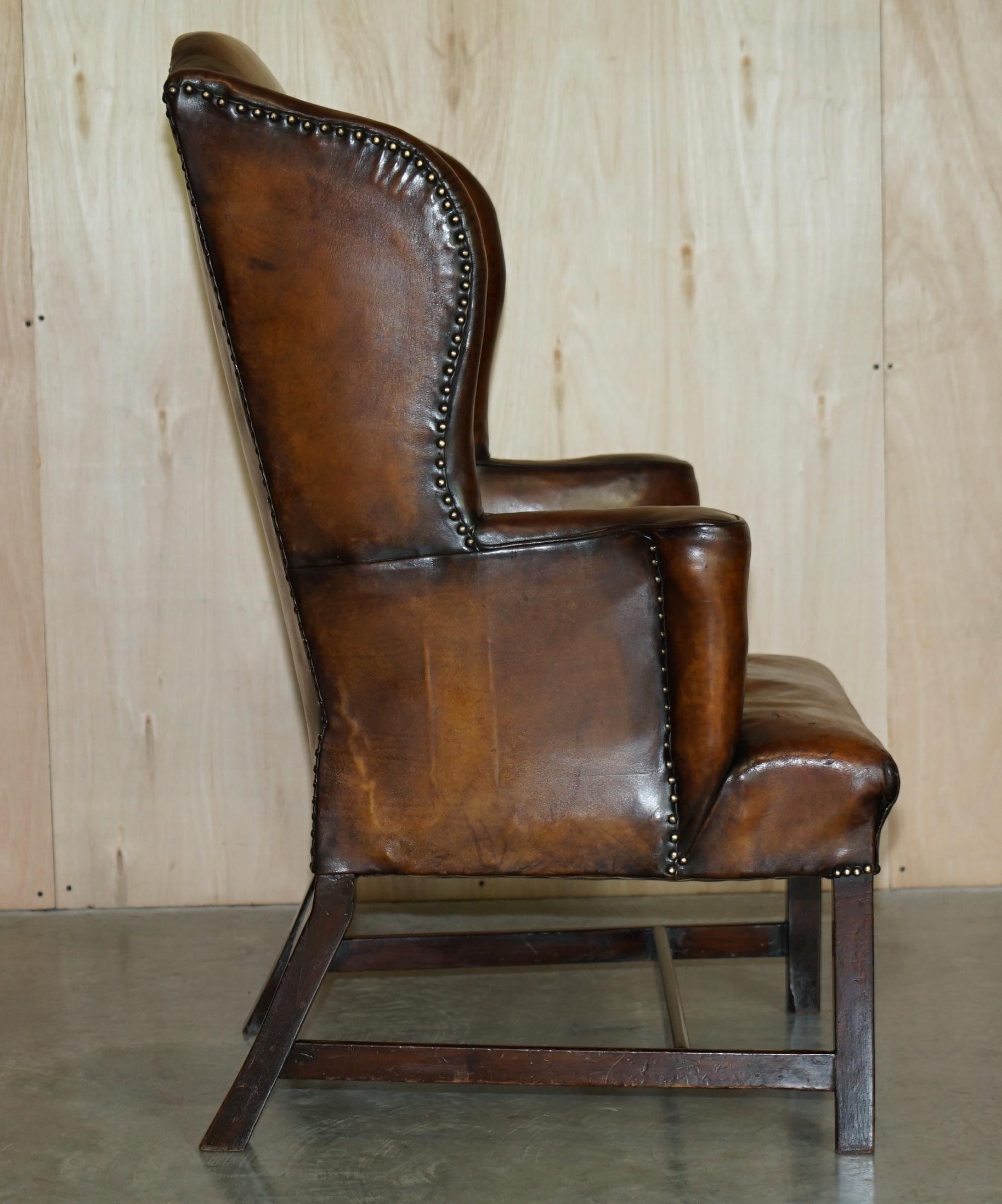 Antique Restored George II Period circa 1760 Wingback Brown Leather Armchair For Sale 8
