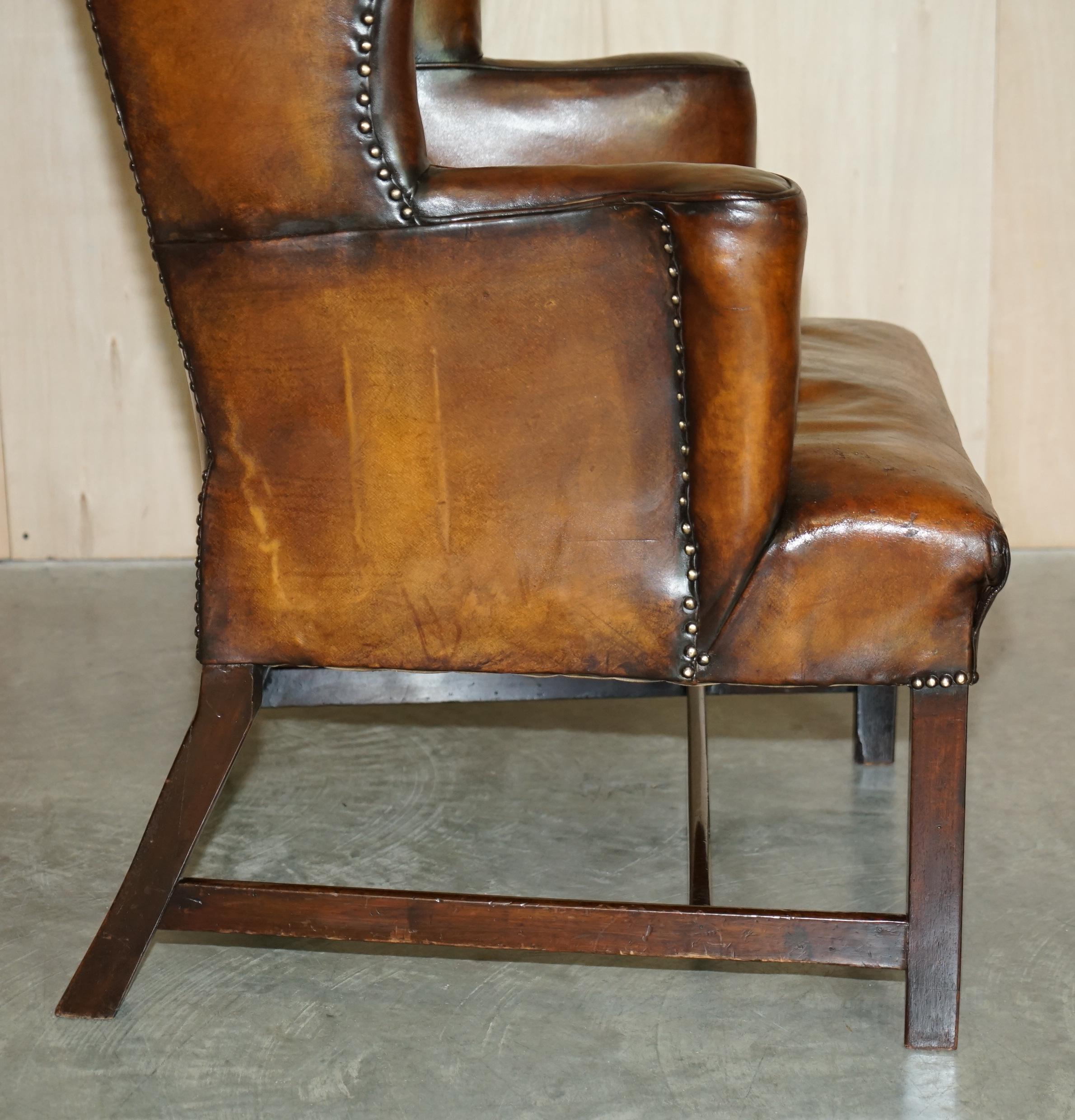 Antique Restored George II Period circa 1760 Wingback Brown Leather Armchair For Sale 9