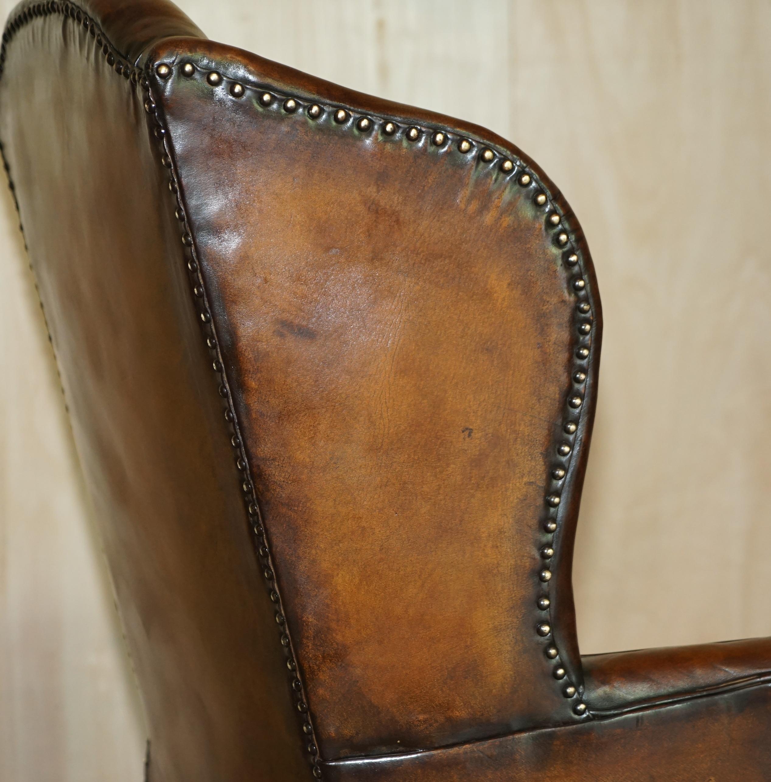 Antique Restored George II Period circa 1760 Wingback Brown Leather Armchair For Sale 11