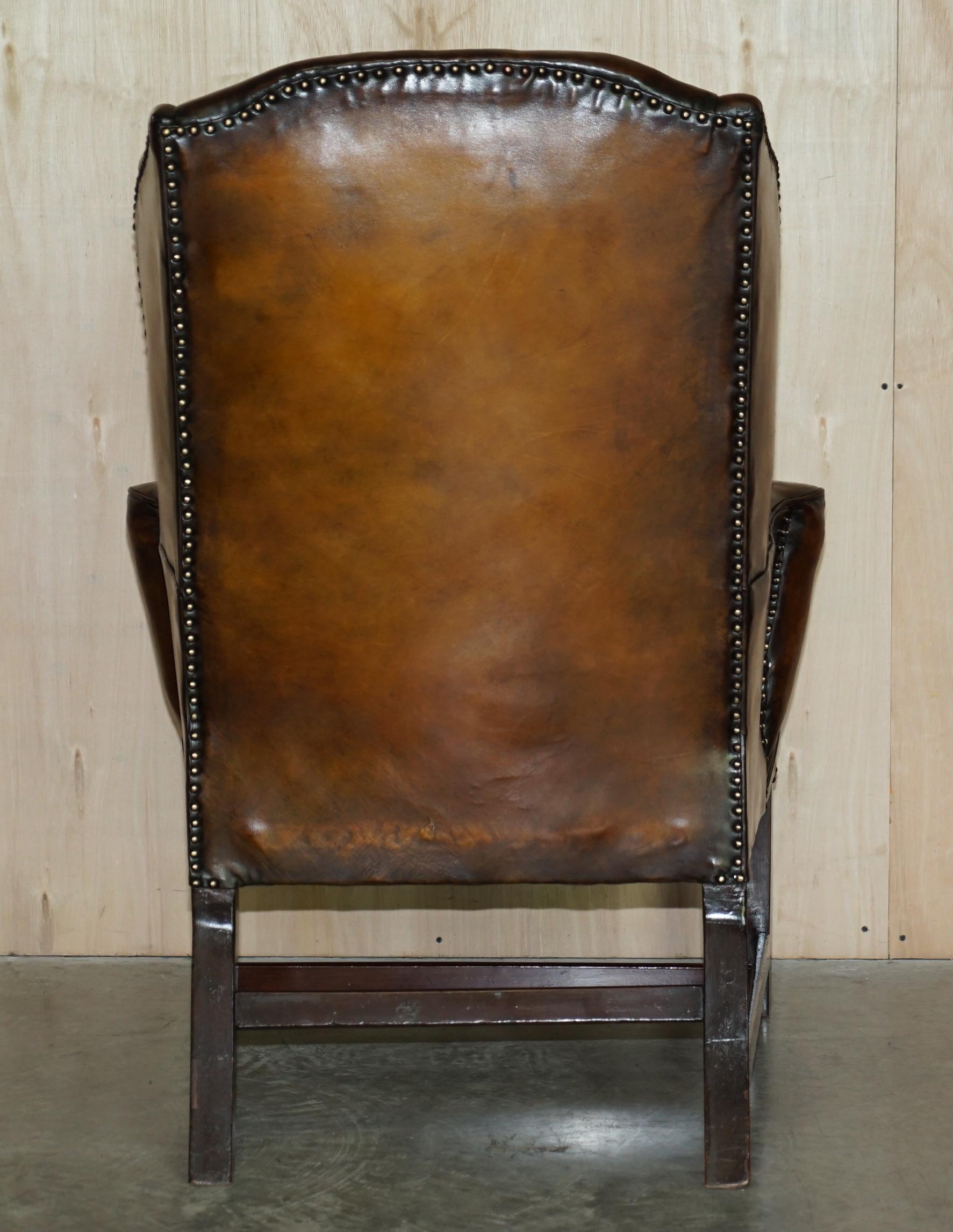 Antique Restored George II Period circa 1760 Wingback Brown Leather Armchair For Sale 13