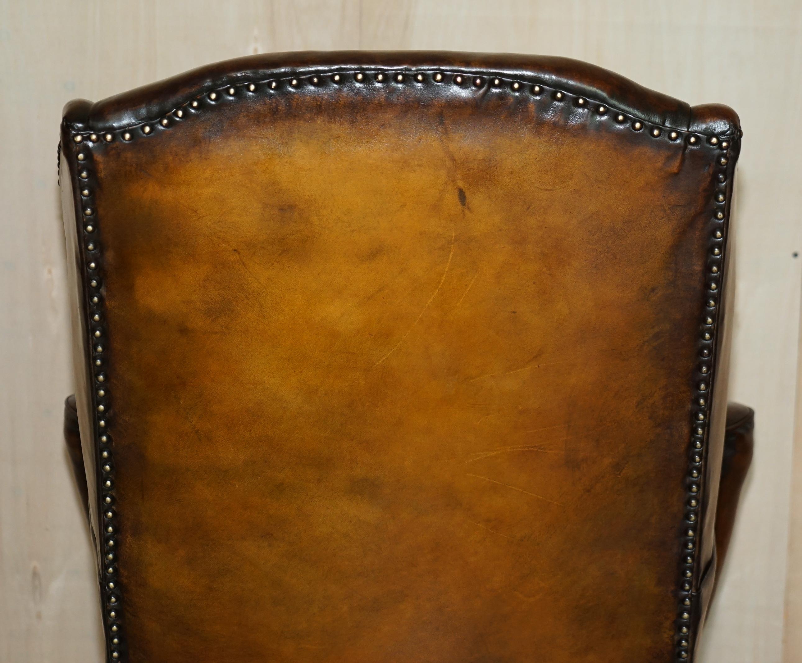 Antique Restored George II Period circa 1760 Wingback Brown Leather Armchair For Sale 14