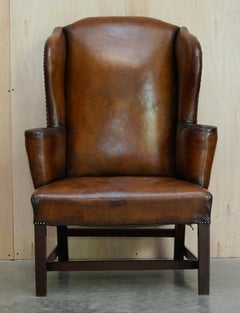 Antique Restored George II Period circa 1760 Wingback Brown Leather Armchair