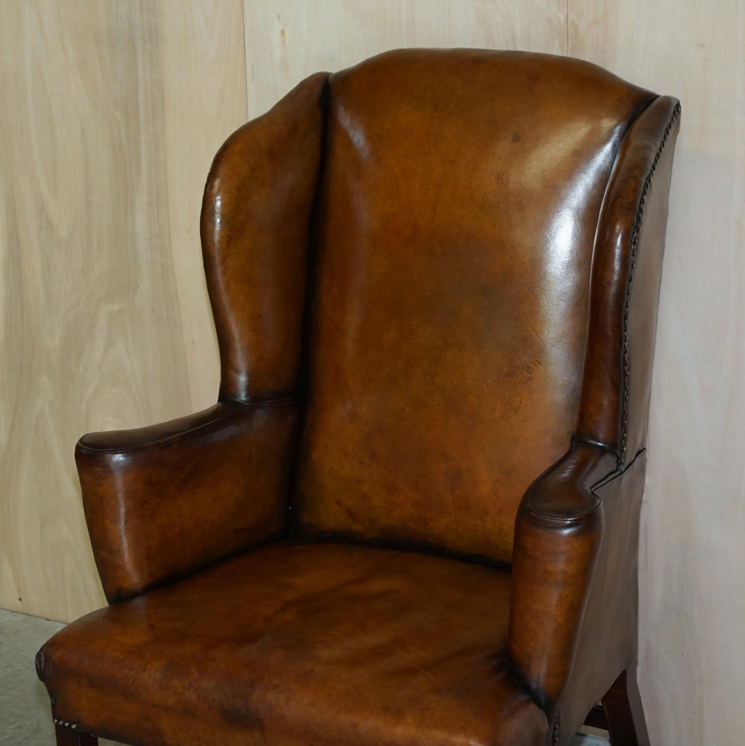 English Antique Restored George II Period circa 1760 Wingback Brown Leather Armchair For Sale