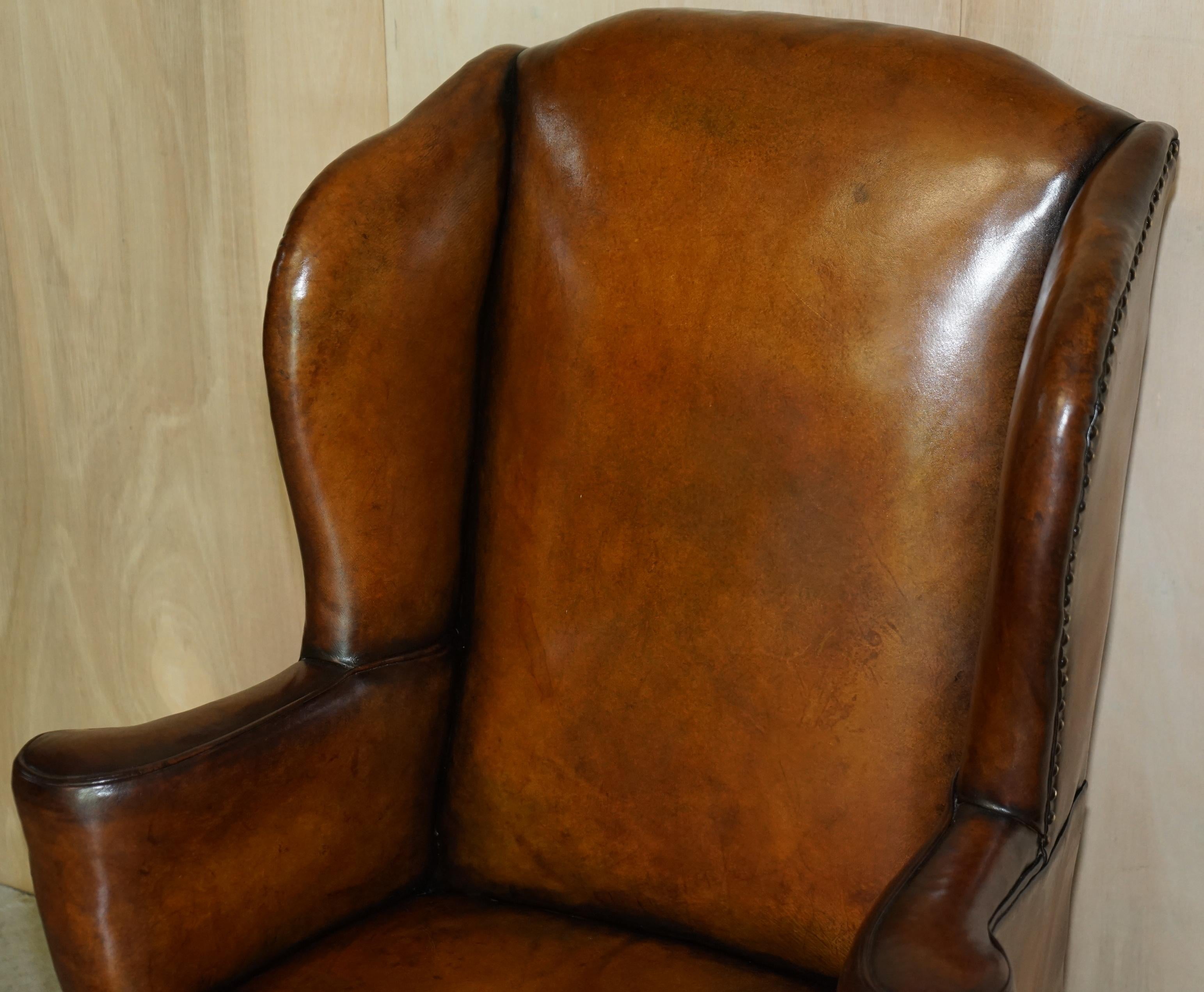 Hand-Crafted Antique Restored George II Period circa 1760 Wingback Brown Leather Armchair For Sale