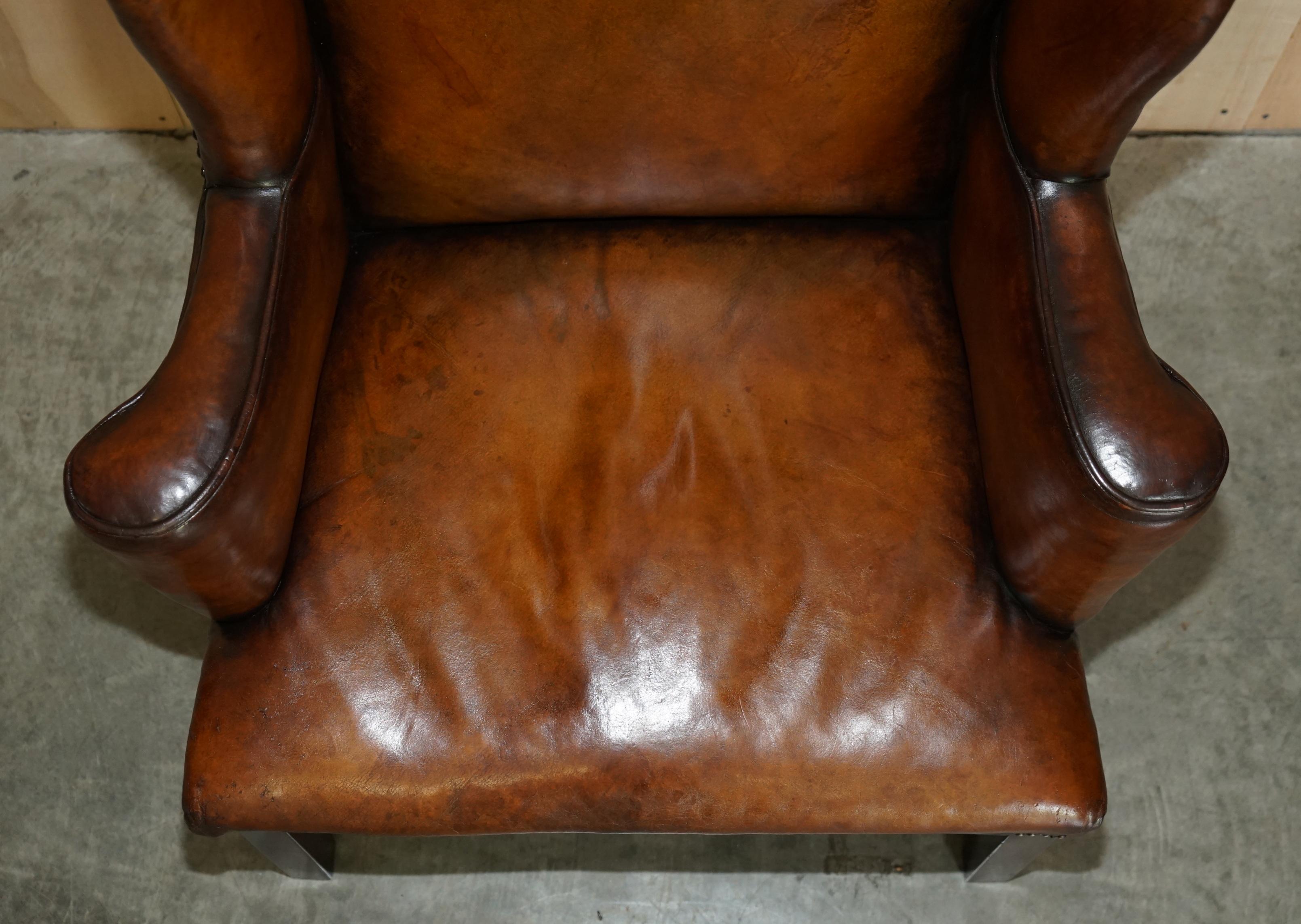 Antique Restored George II Period circa 1760 Wingback Brown Leather Armchair For Sale 3