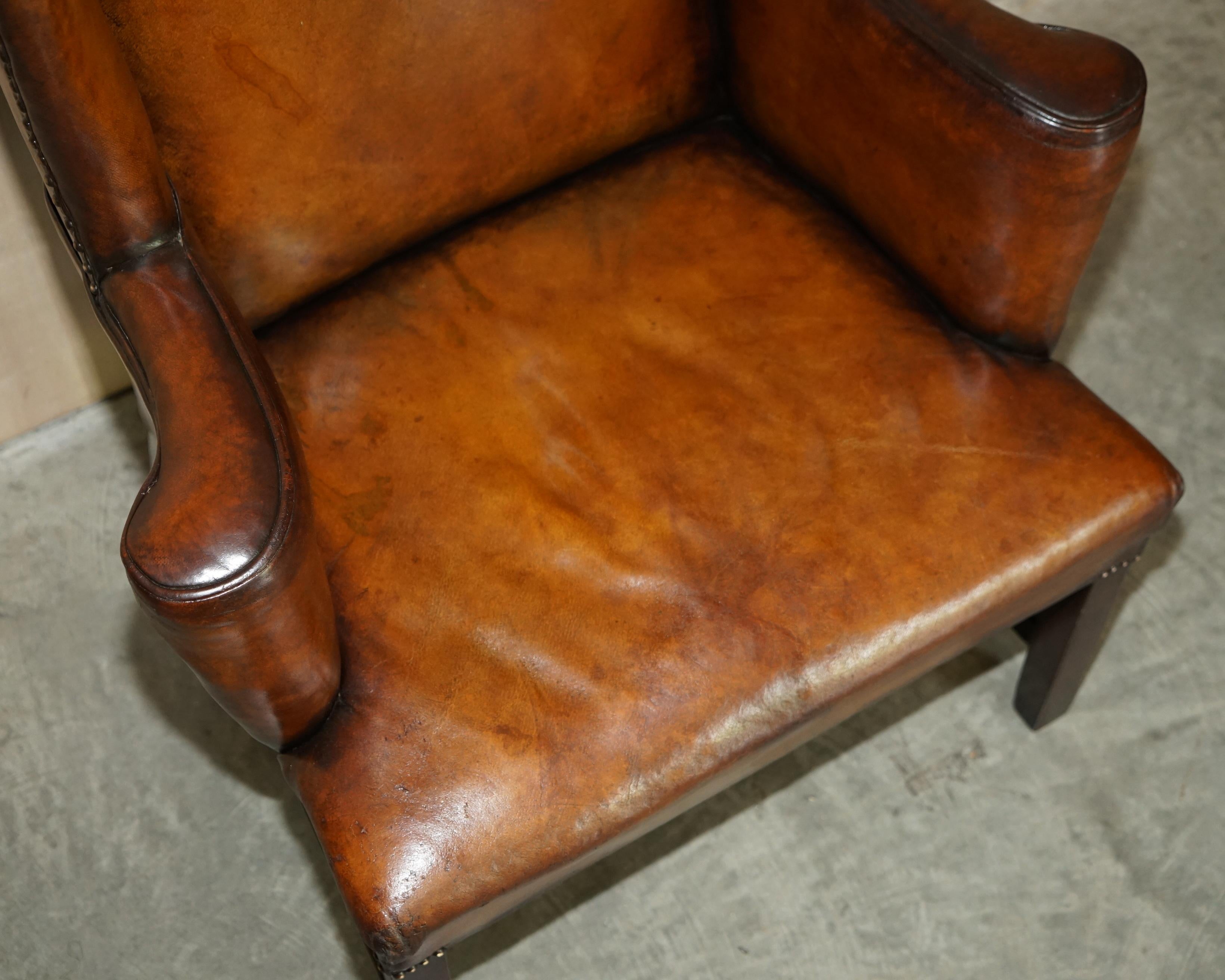 Antique Restored George II Period circa 1760 Wingback Brown Leather Armchair For Sale 4
