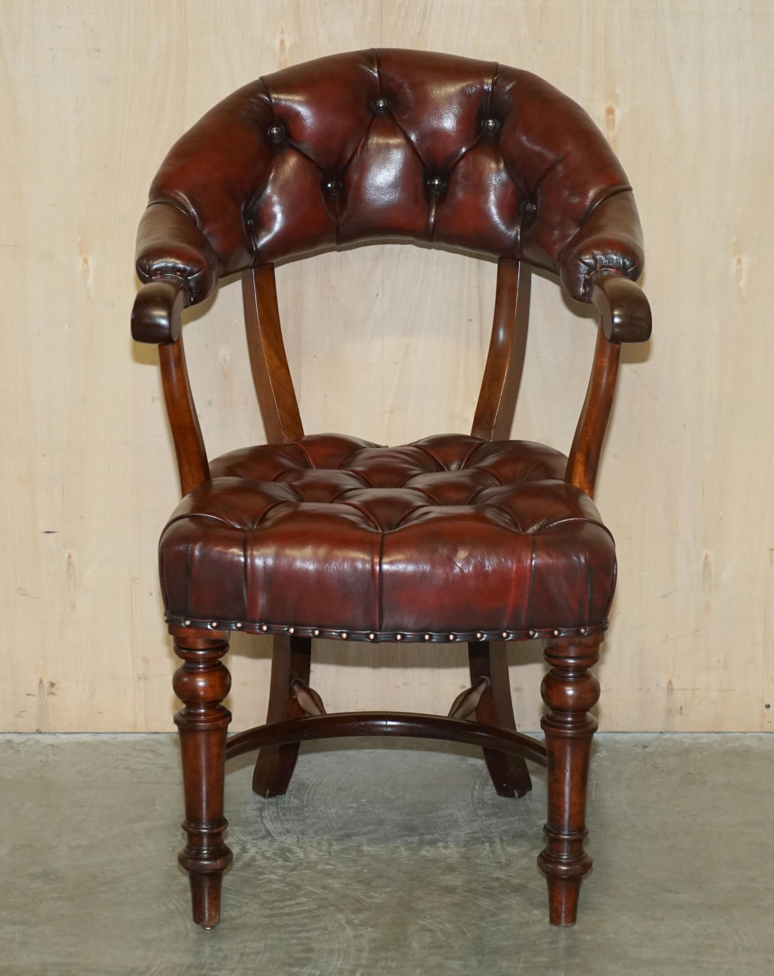 We are delighted to offer for sale this lovely, antique, fully restored original mahogany framed circa 1830 hand dyed Chesterfield Bordeaux leather director's chair.

Please note the delivery fee listed is just a guide, it covers within the M25