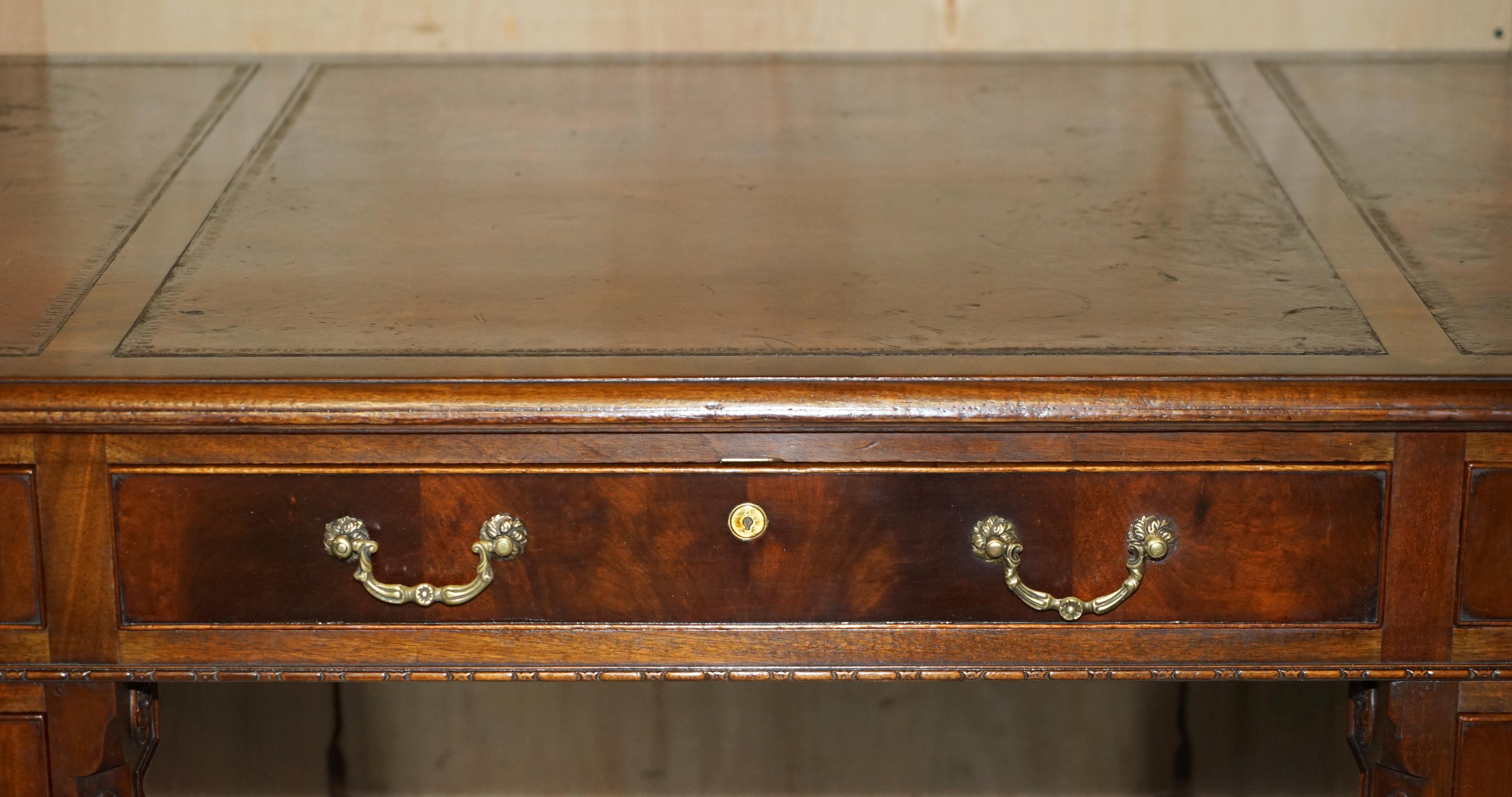 ANTiQUE RESTORED LIONS HAIRY PAW FEET BROWN LEATHER PEDESTAL DESK BRAHAM LOCKS For Sale 4