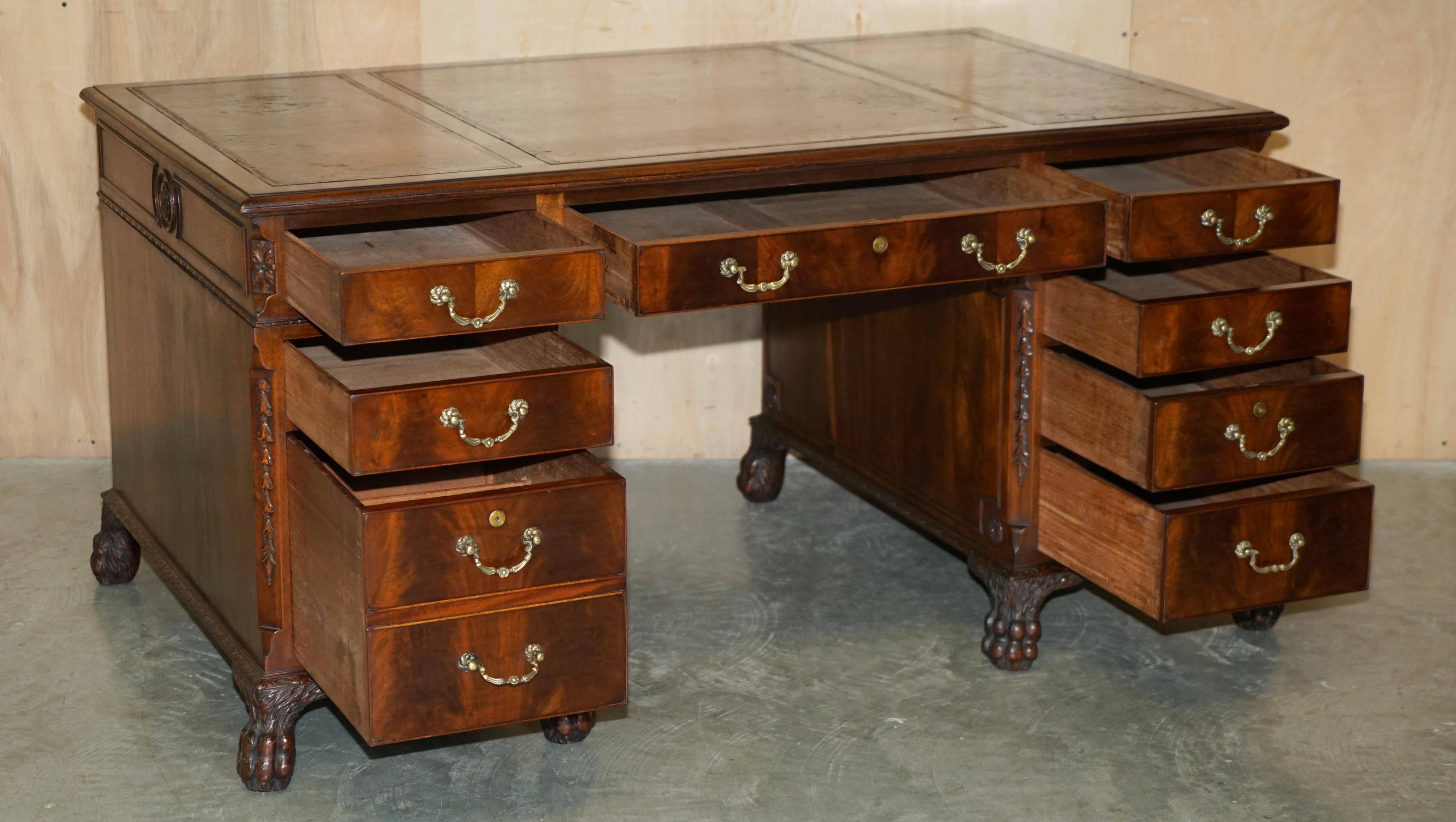 ANTiQUE RESTORED LIONS HAIRY PAW FEET BROWN LEATHER PEDESTAL DESK BRAHAM LOCKS For Sale 12