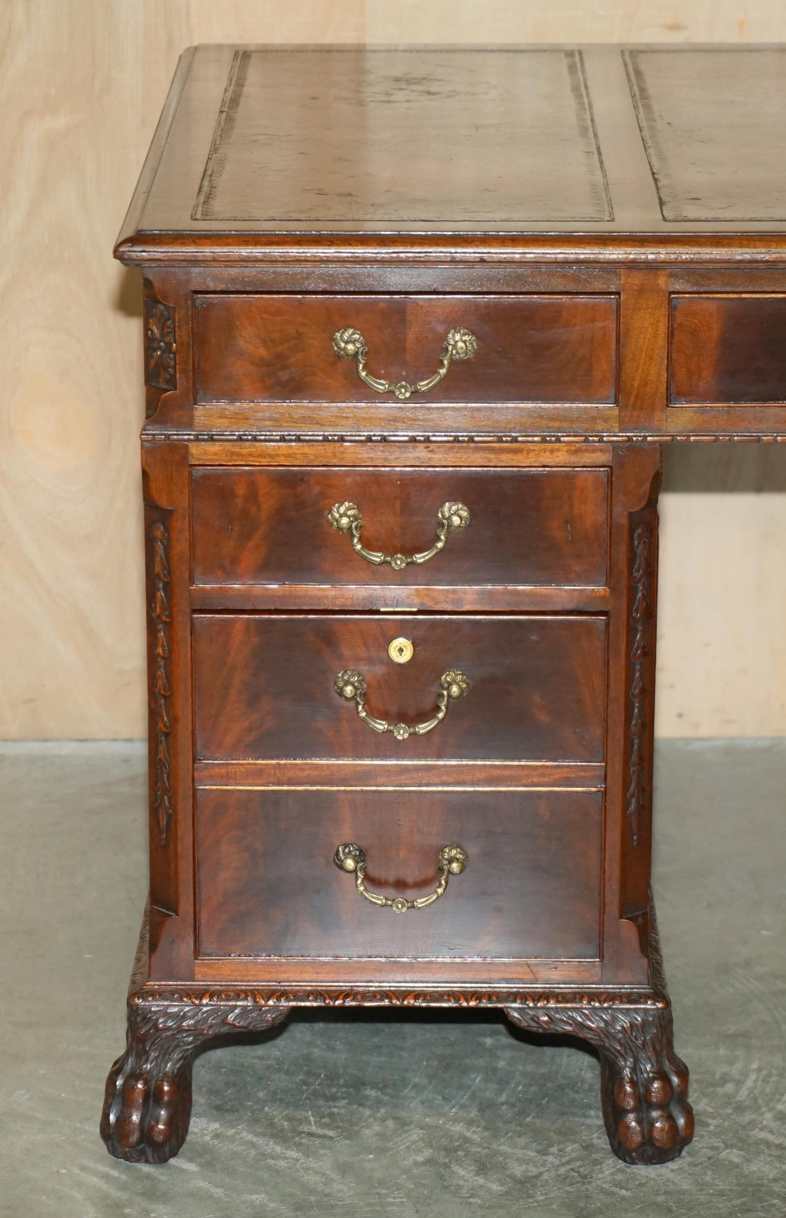 English ANTiQUE RESTORED LIONS HAIRY PAW FEET BROWN LEATHER PEDESTAL DESK BRAHAM LOCKS For Sale