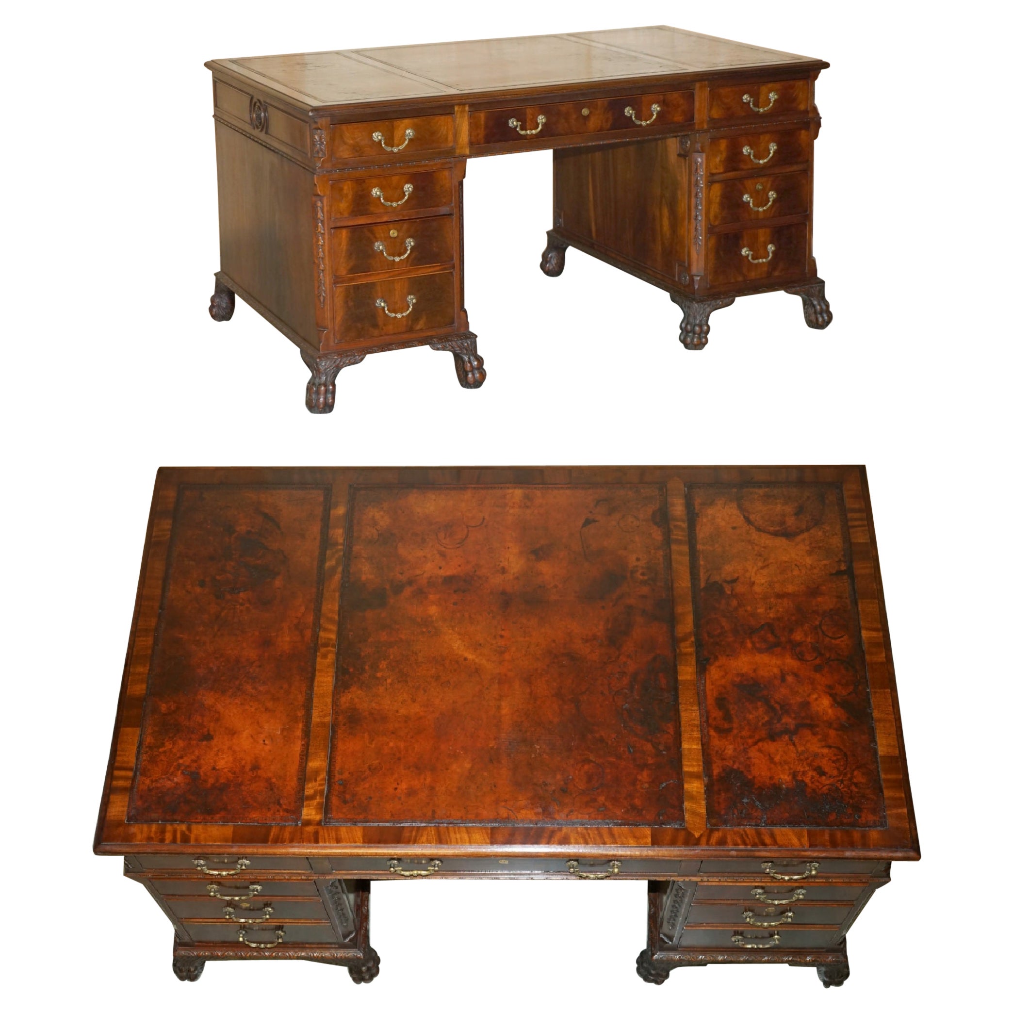 ANTiQUE RESTORED LIONS HAIRY PAW FEET BROWN LEATHER PEDESTAL DESK BRAHAM LOCKS