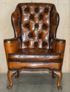 ANTiQUE RESTORED VINTAGE 1920 BROWN LEATHER WINGBACK ARMCHAIR THOMAS CHIPPENDALE