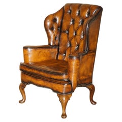 ANTiQUE RESTORED VINTAGE 1920 BROWN LEATHER WINGBACK ARMCHAIR THOMAS CHIPPENDALE