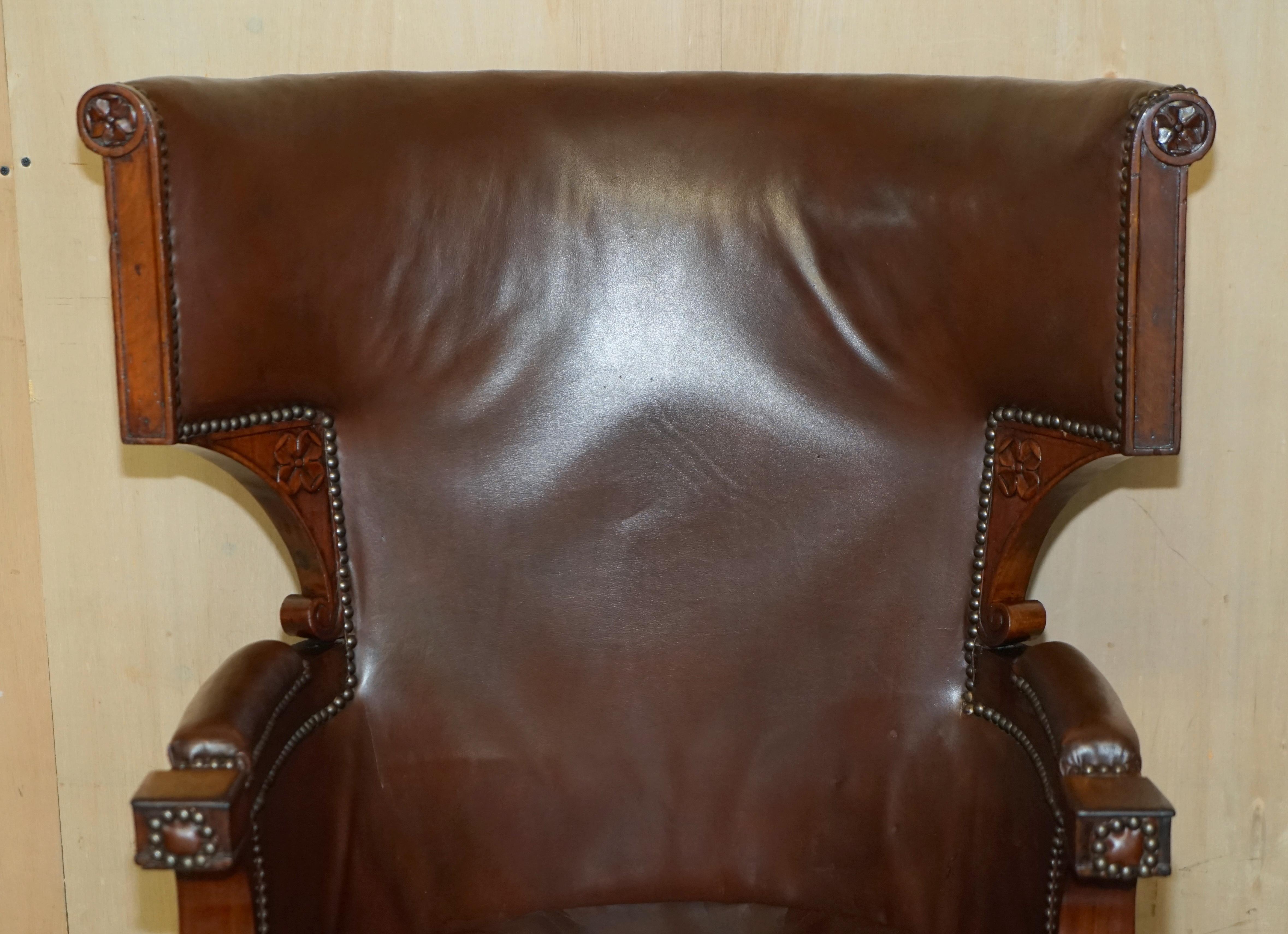 William IV Antique Restored William iv Period circa 1830 Wingback Brown Leather Armchair For Sale