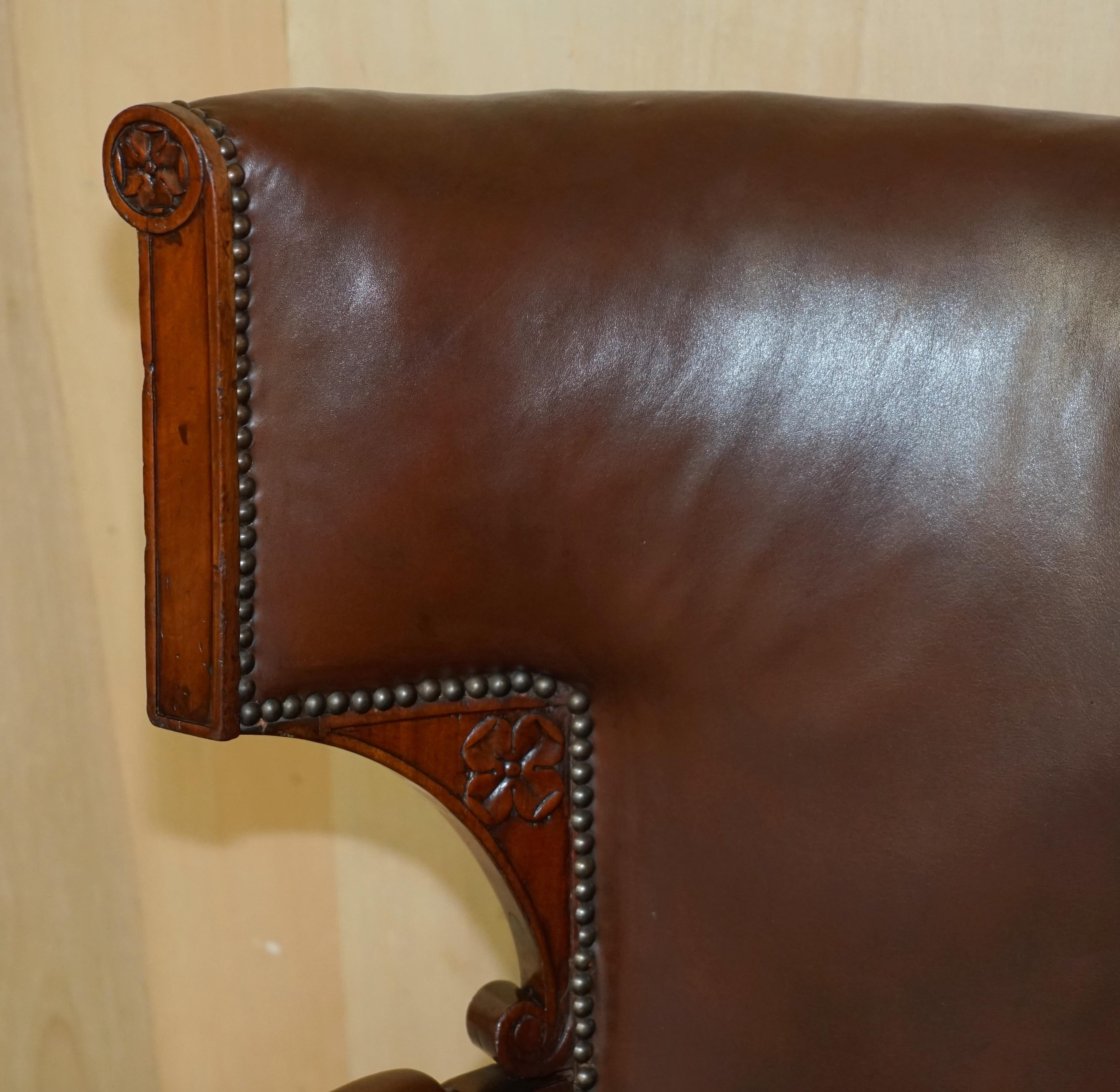 English Antique Restored William iv Period circa 1830 Wingback Brown Leather Armchair For Sale