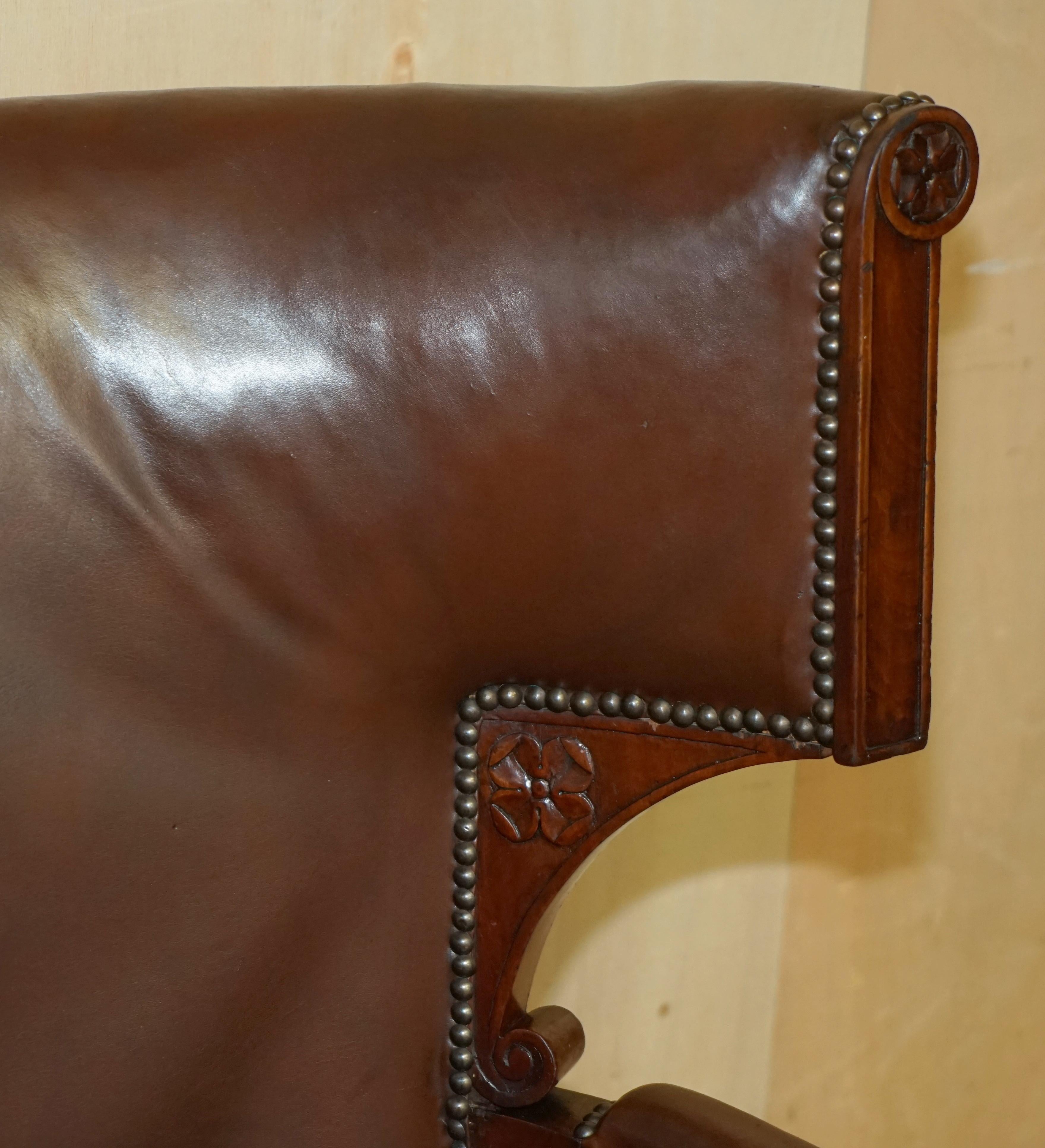 Hand-Crafted Antique Restored William iv Period circa 1830 Wingback Brown Leather Armchair For Sale