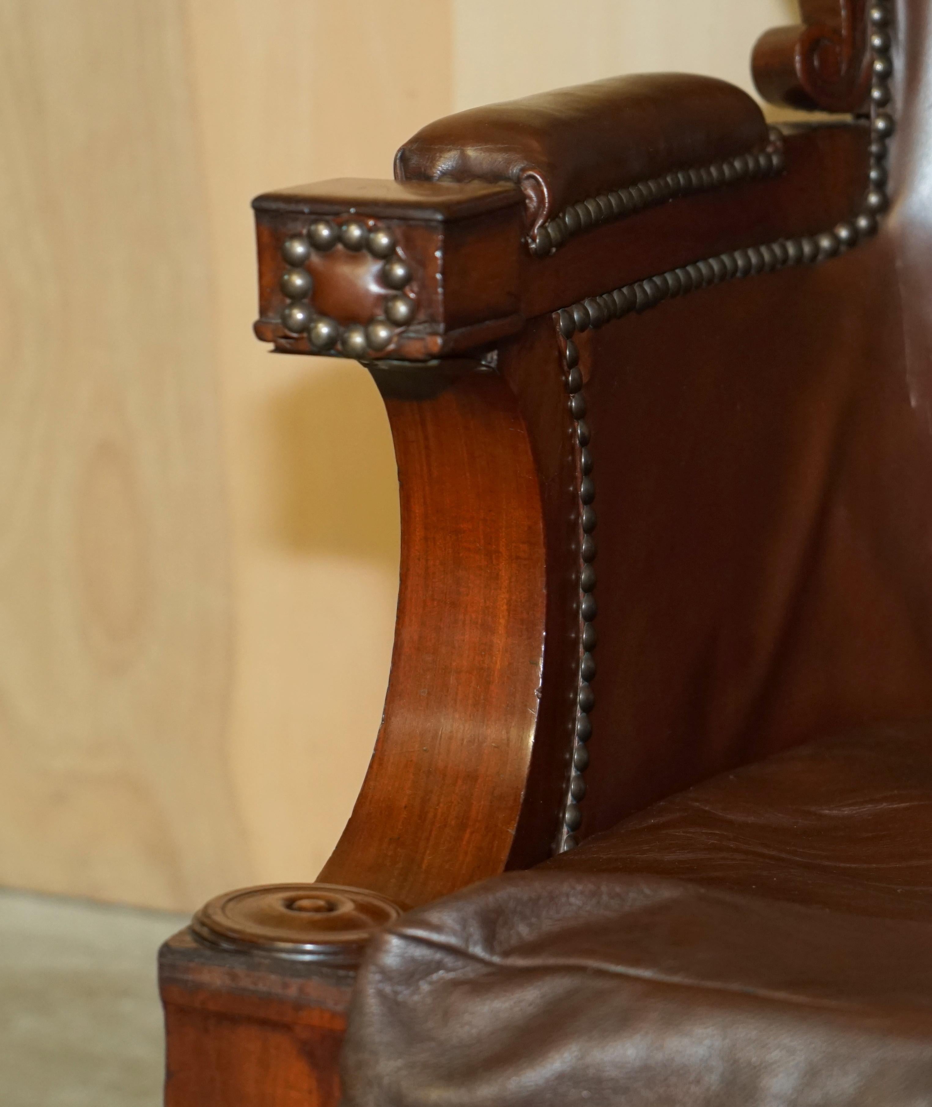 Mid-19th Century Antique Restored William iv Period circa 1830 Wingback Brown Leather Armchair For Sale