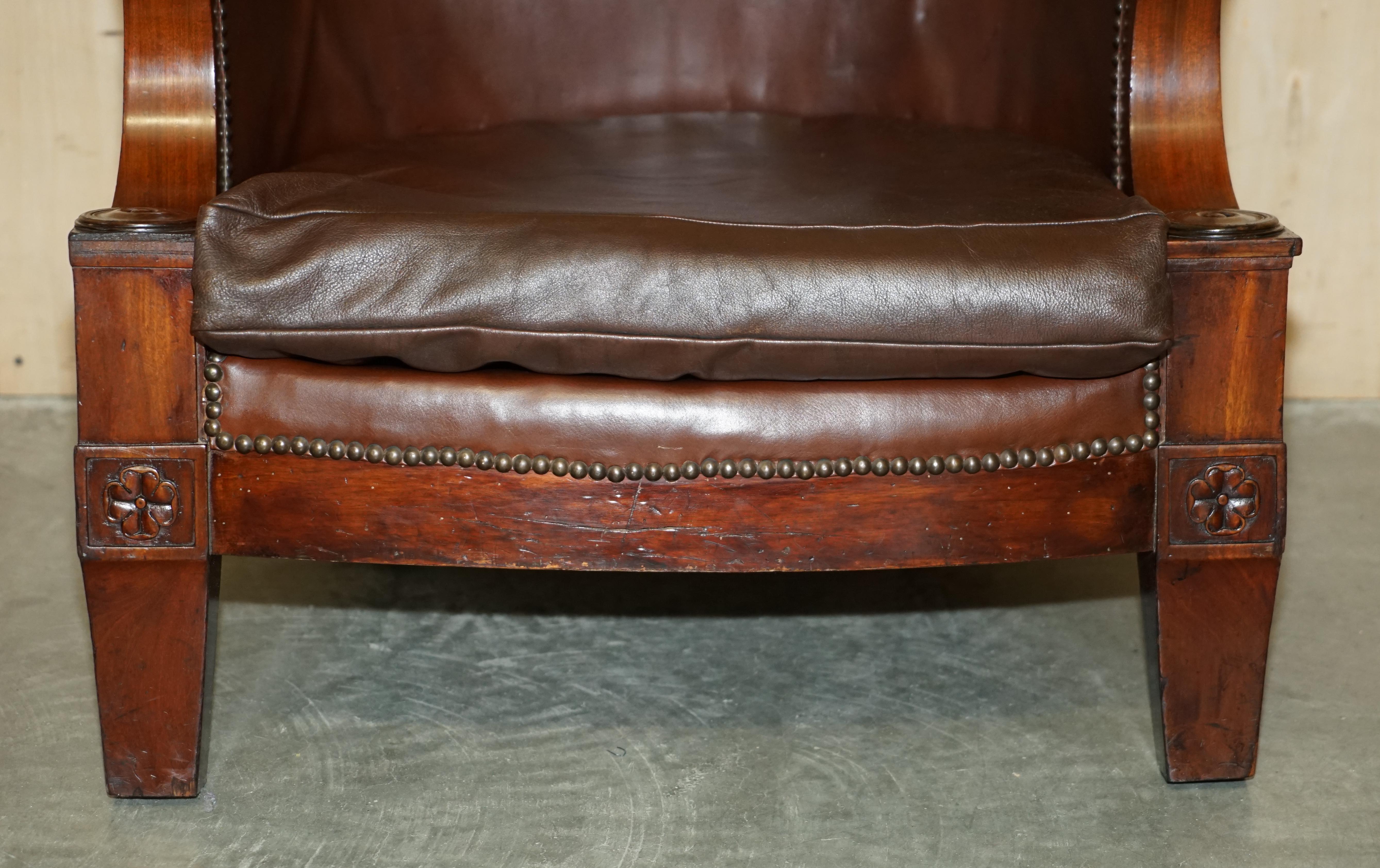 Antique Restored William iv Period circa 1830 Wingback Brown Leather Armchair For Sale 2
