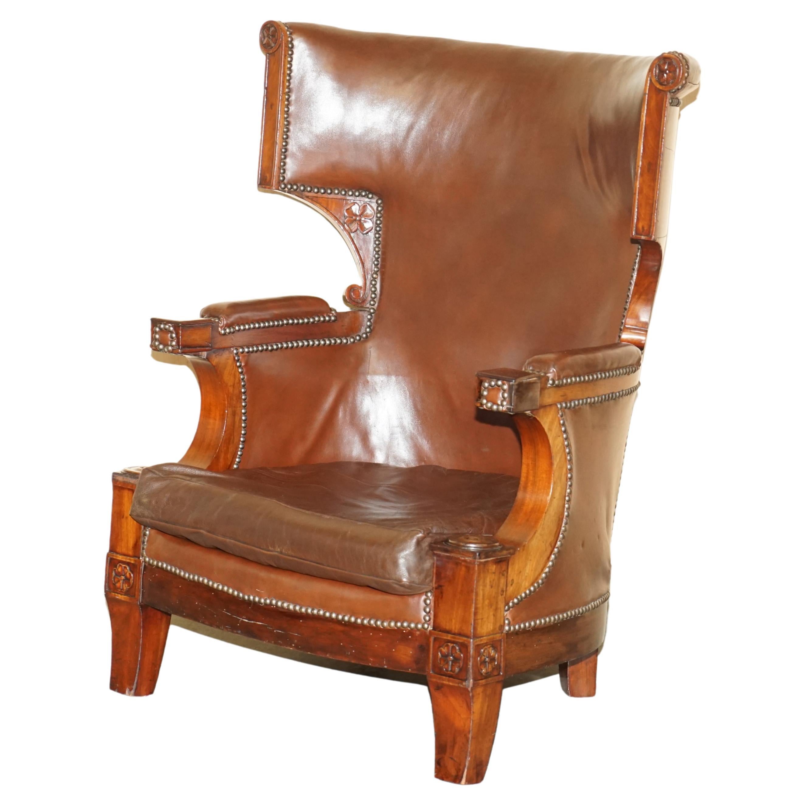 Antique Restored William iv Period circa 1830 Wingback Brown Leather Armchair For Sale