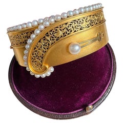 Antique Reticulated 18K Natural Saltwater Pearl Button Cuff Bangle Bracelet - GI