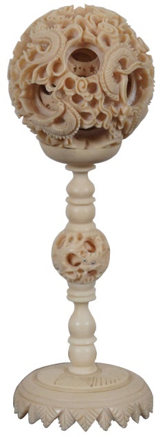 Antique Reticulated Carved 8 Layer Chinese Dragon Puzzle Ball & Stand