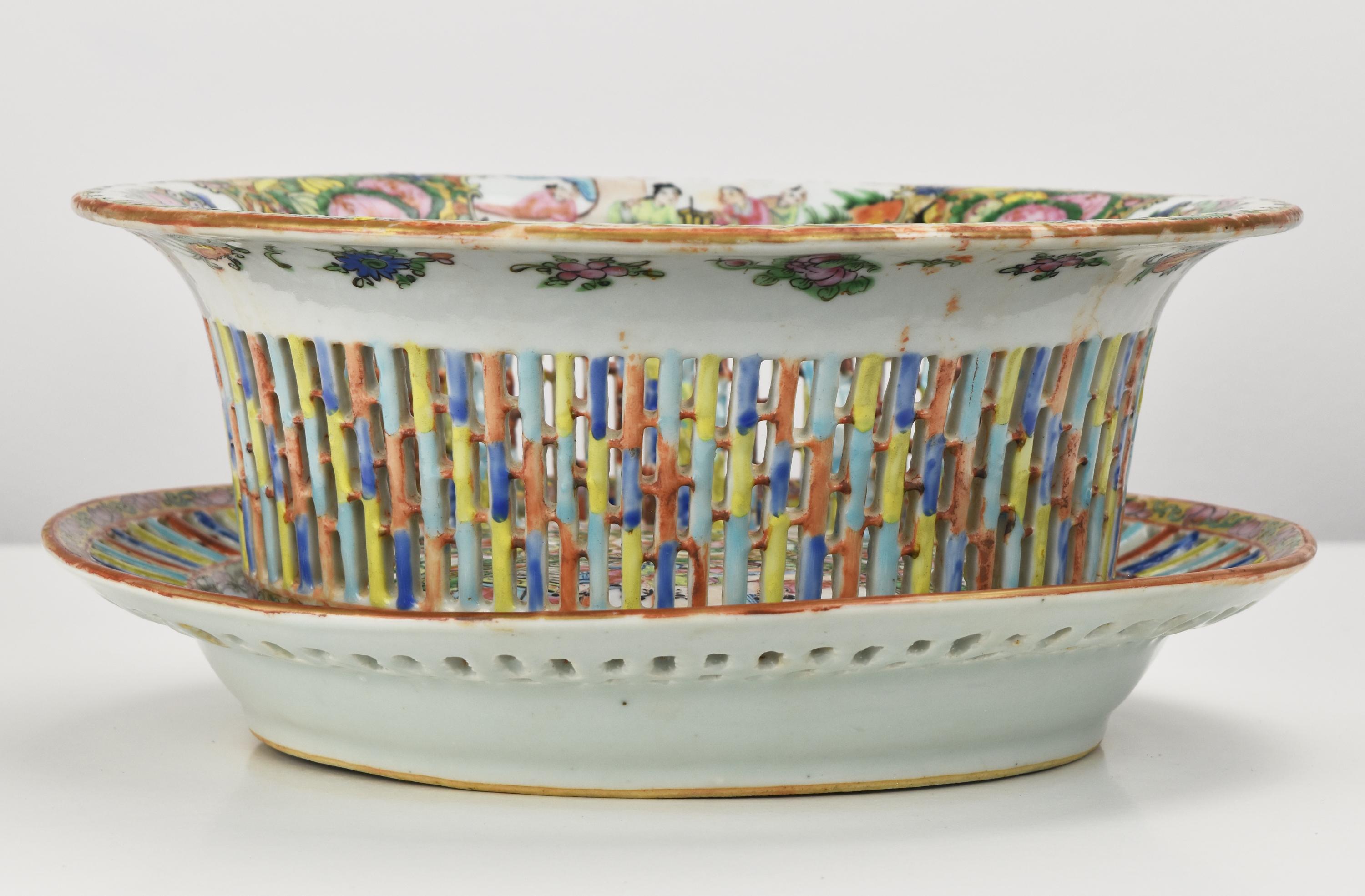 Glazed Antique Reticulated Chinese Famille Rose Medallion Porcelain Bowl or Basket For Sale