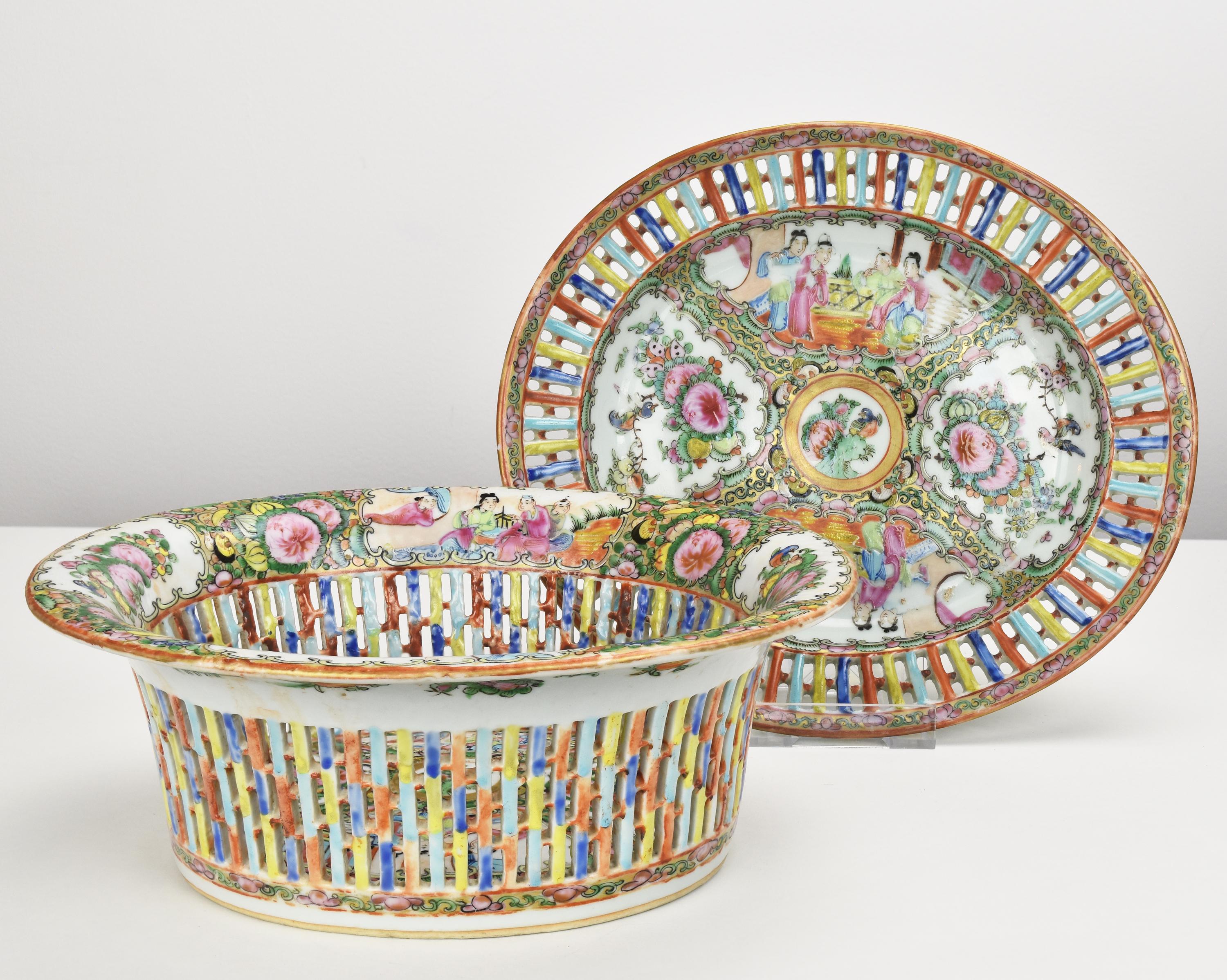 Antike netzförmige chinesische Famille-Rose-Medaillon-Porzellanschale oder Korb mit Medaillon im Angebot 1