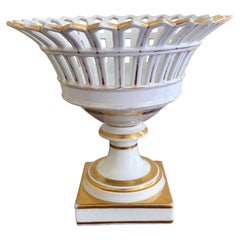 Antique Reticulated Porcelain Basket Compote With Gold Gilt Details