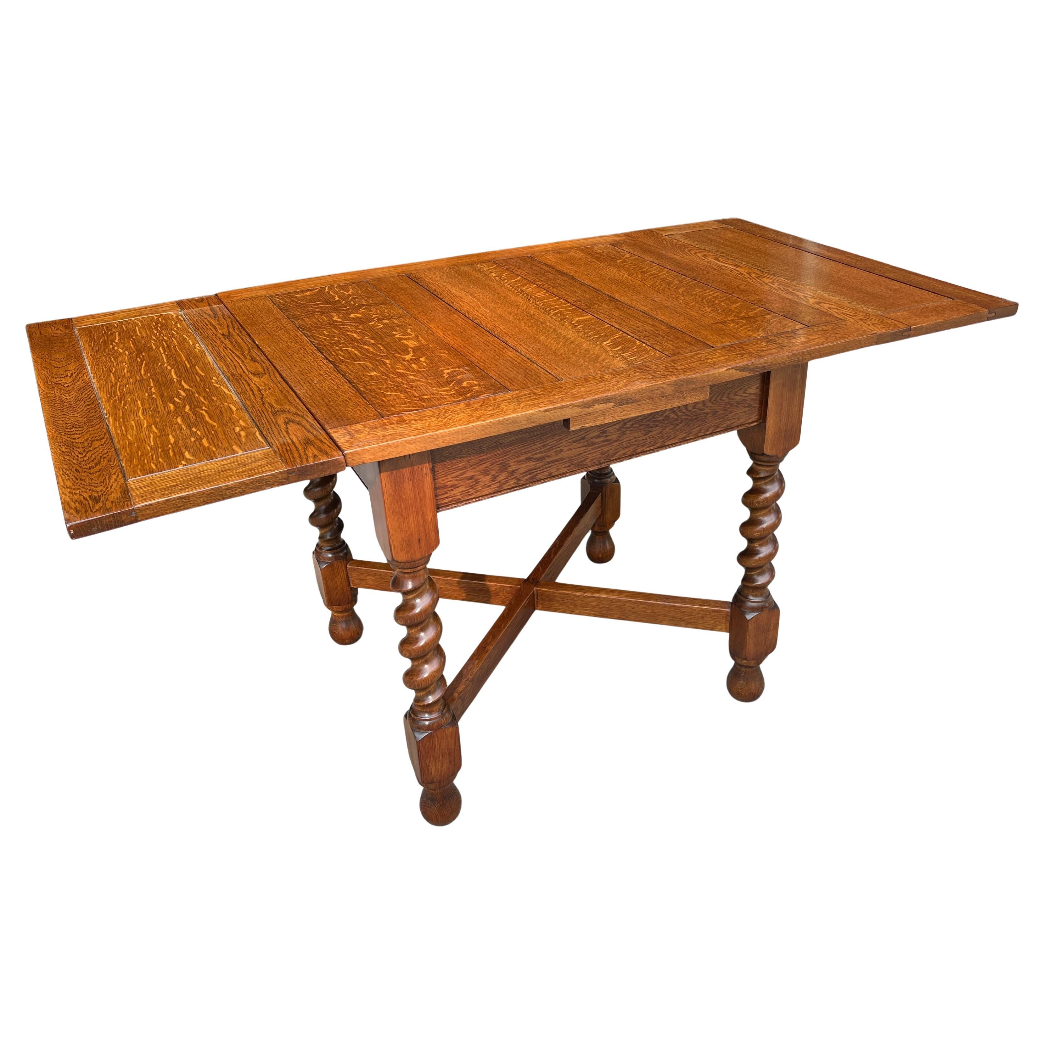 Edwardian Antique Retractable Pub Table Barley Twist Legs Quarter sawed Tiger Oak