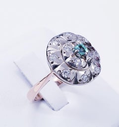 Antique Retro 1.30 Carat Diamonds and Emerald 583 Pink Gold Ring