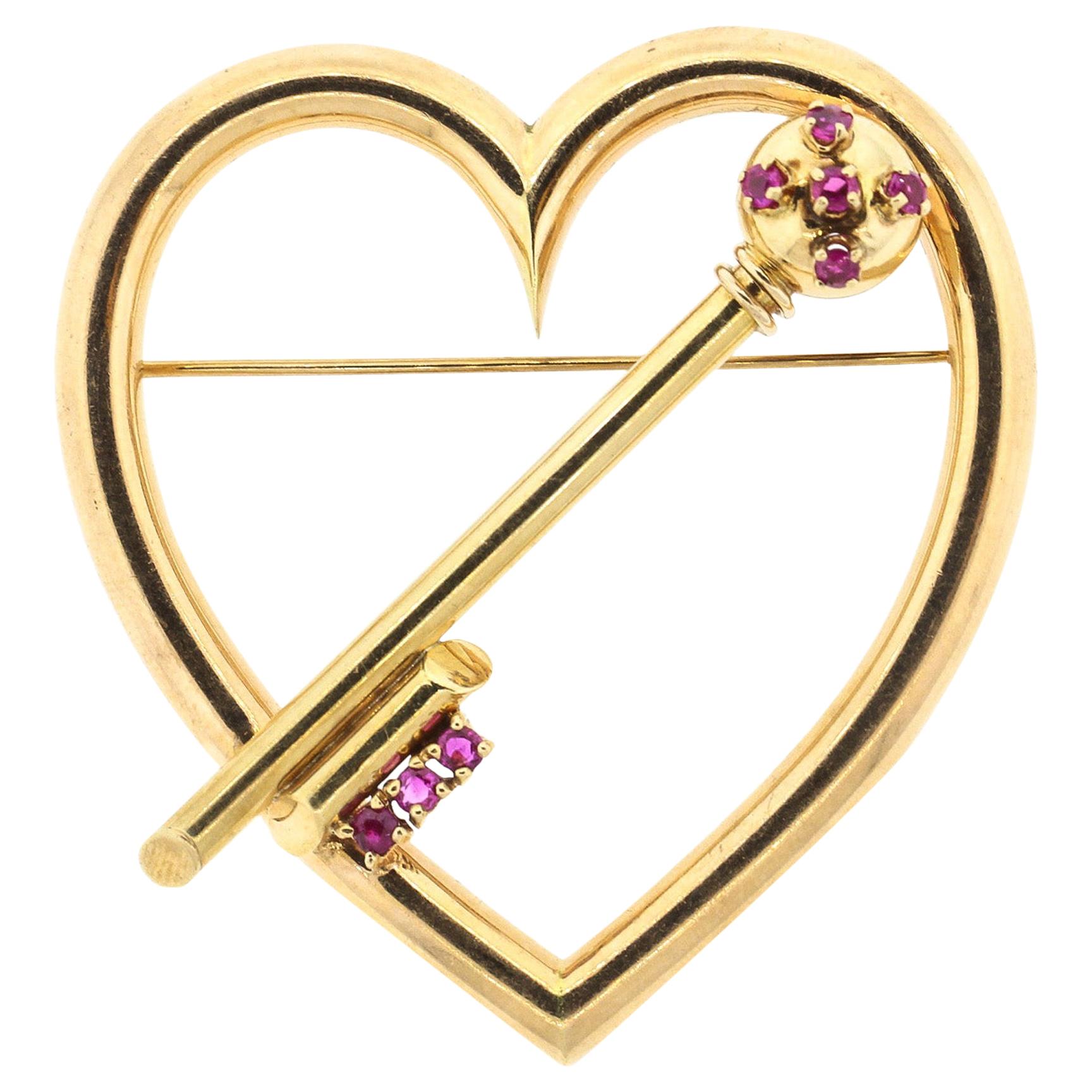 Antique Retro 14 Karat Gold Ruby Heart and Key Brooch For Sale