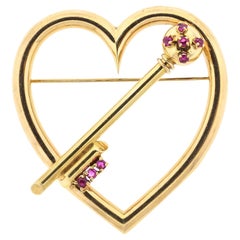 Antique Retro 14 Karat Gold Ruby Heart and Key Brooch