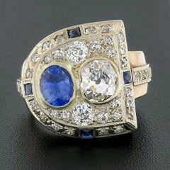 Antique Retro 14K Gold 3.65ct Bezel GIA Cushion Diamond & Sapphire Cocktail Ring