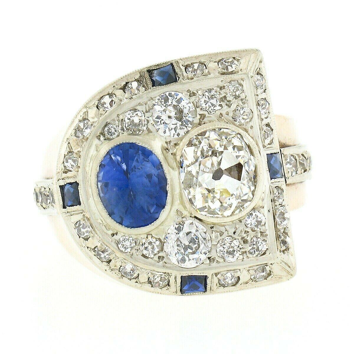 Antique Retro 14K Gold 3.65ct Bezel GIA Cushion Diamond & Sapphire Cocktail Ring In Good Condition For Sale In Montclair, NJ