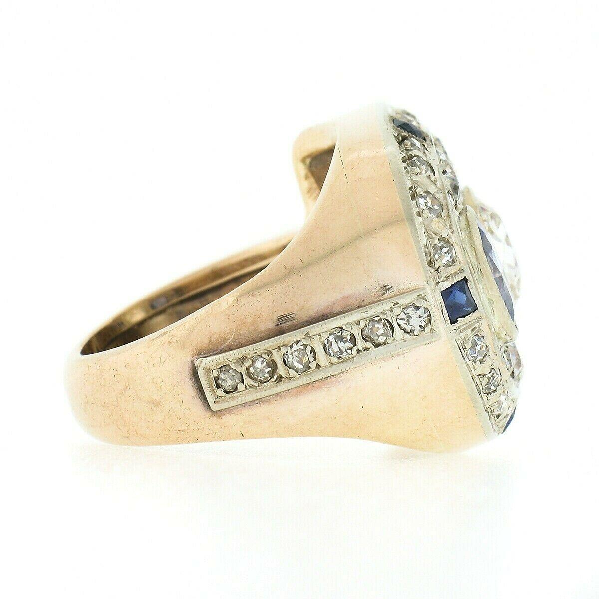 Women's or Men's Antique Retro 14K Gold 3.65ct Bezel GIA Cushion Diamond & Sapphire Cocktail Ring For Sale