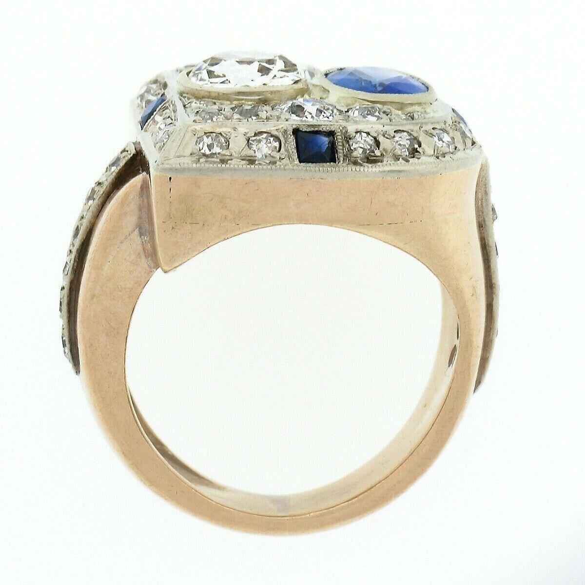 Antique Retro 14K Gold 3.65ct Bezel GIA Cushion Diamond & Sapphire Cocktail Ring For Sale 3